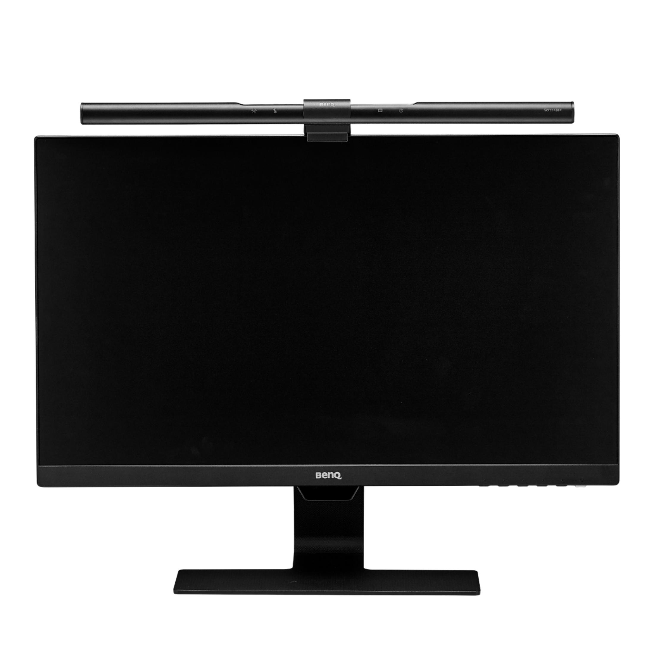 A black BenQ monitor with a black screen light bar mounted on top.