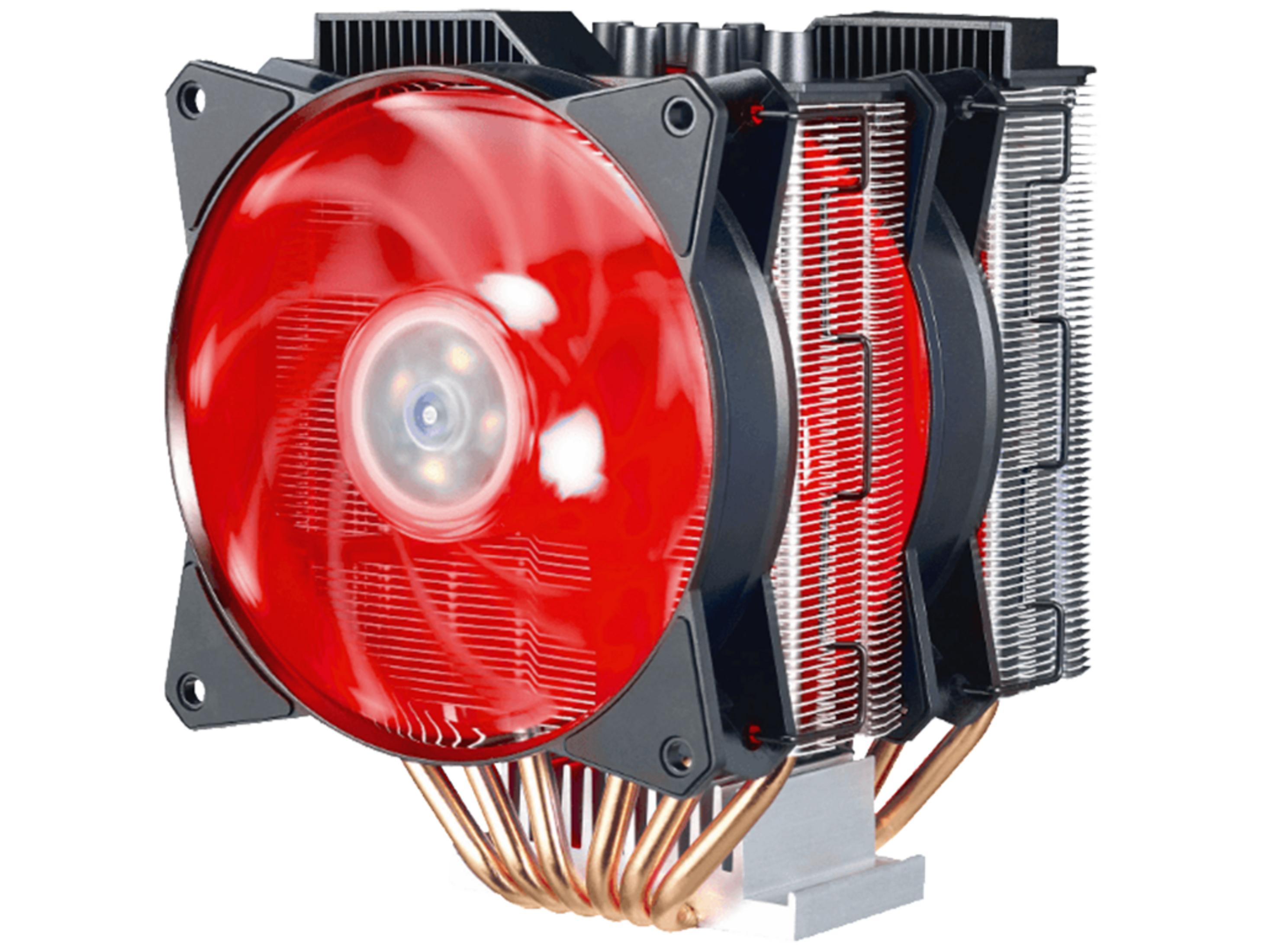 A CPU cooler featuring a red fan and copper heatpipes.