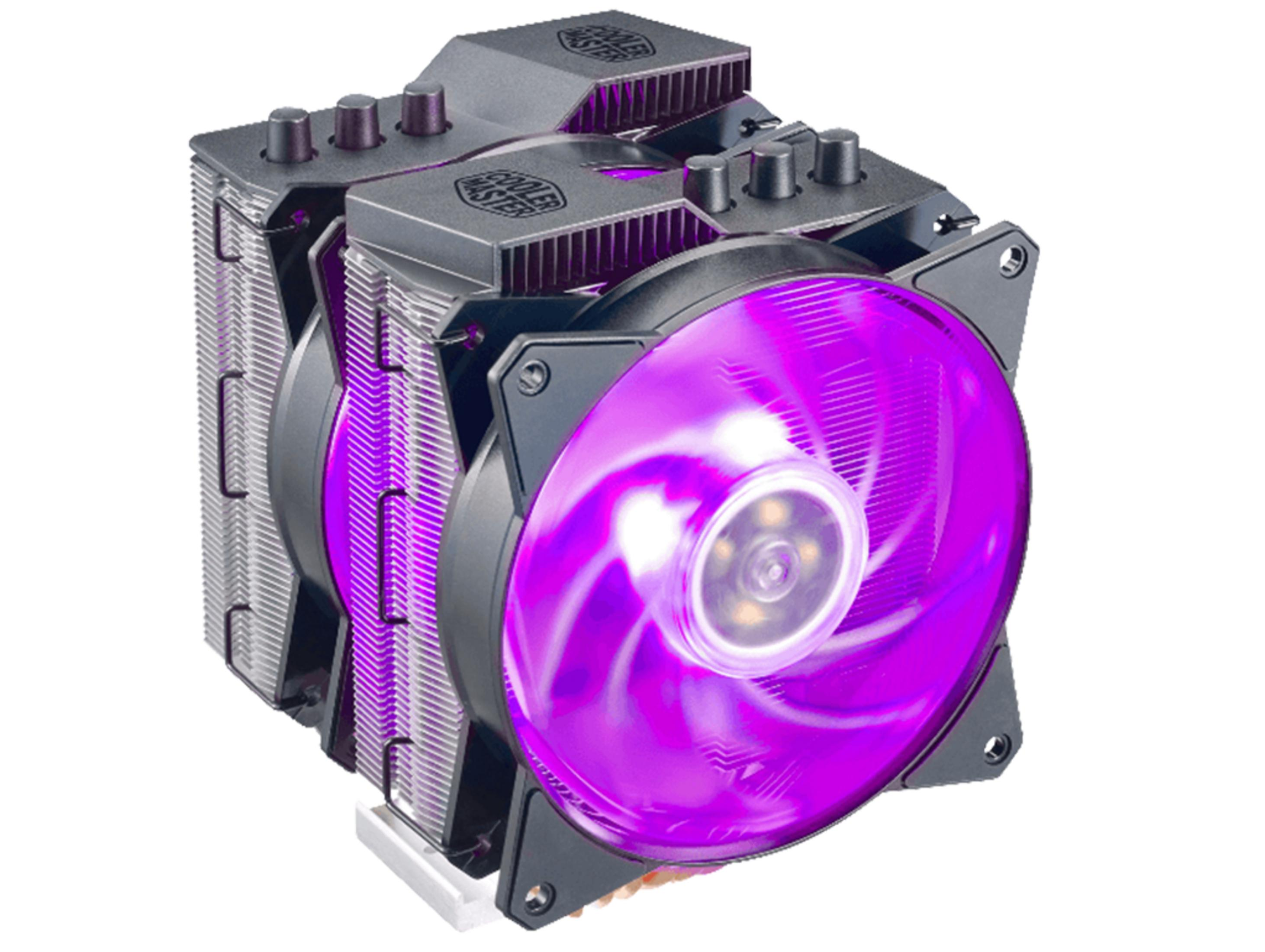 A black CPU cooler with purple glowing fans and heatsinks.