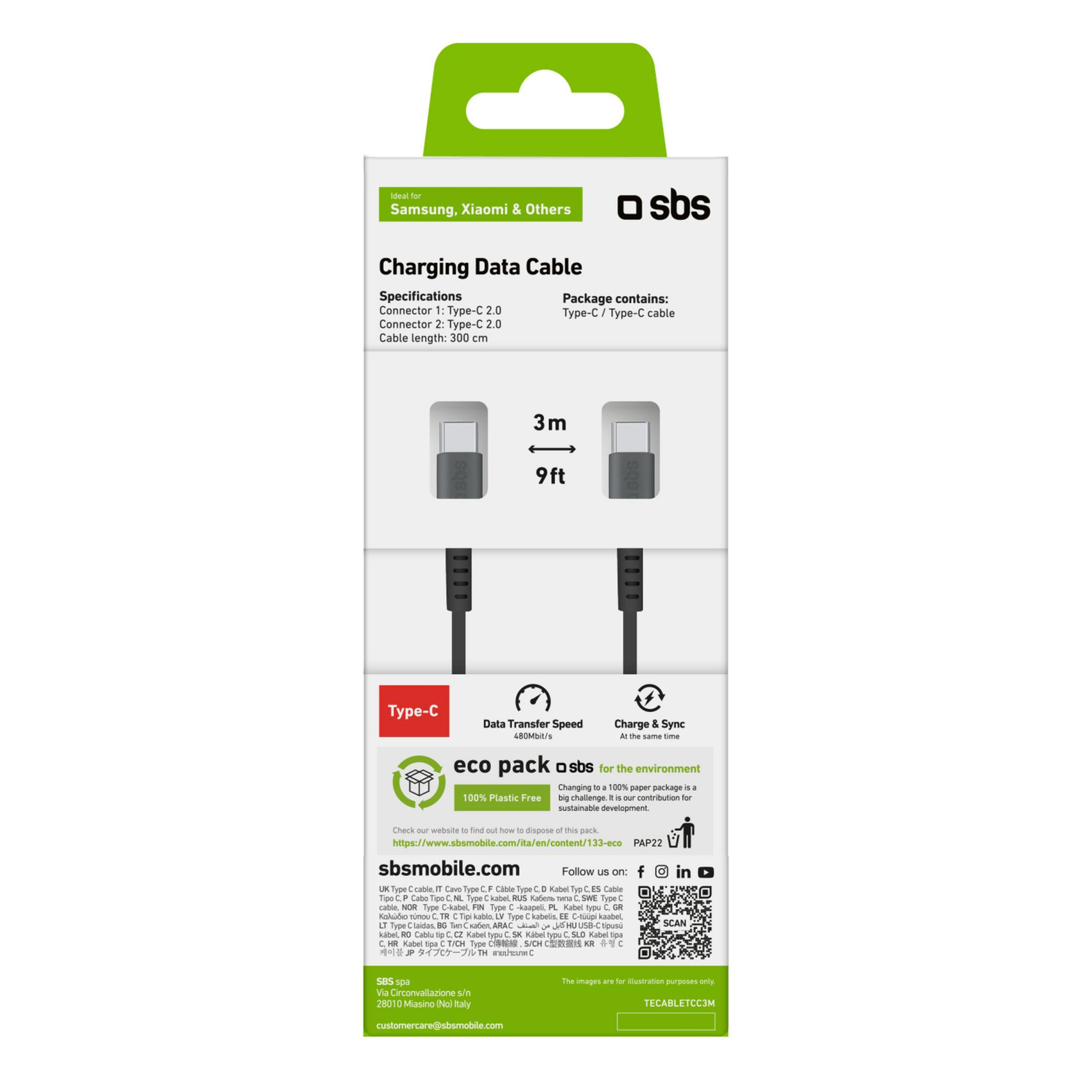 SBS Ladekabel: 3m, Type-C auf Type-C, 480Mbit/s.