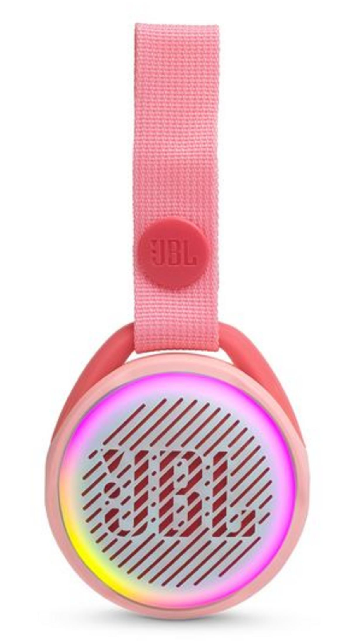 Altavoz JBL rosa con efectos de luz y correa.