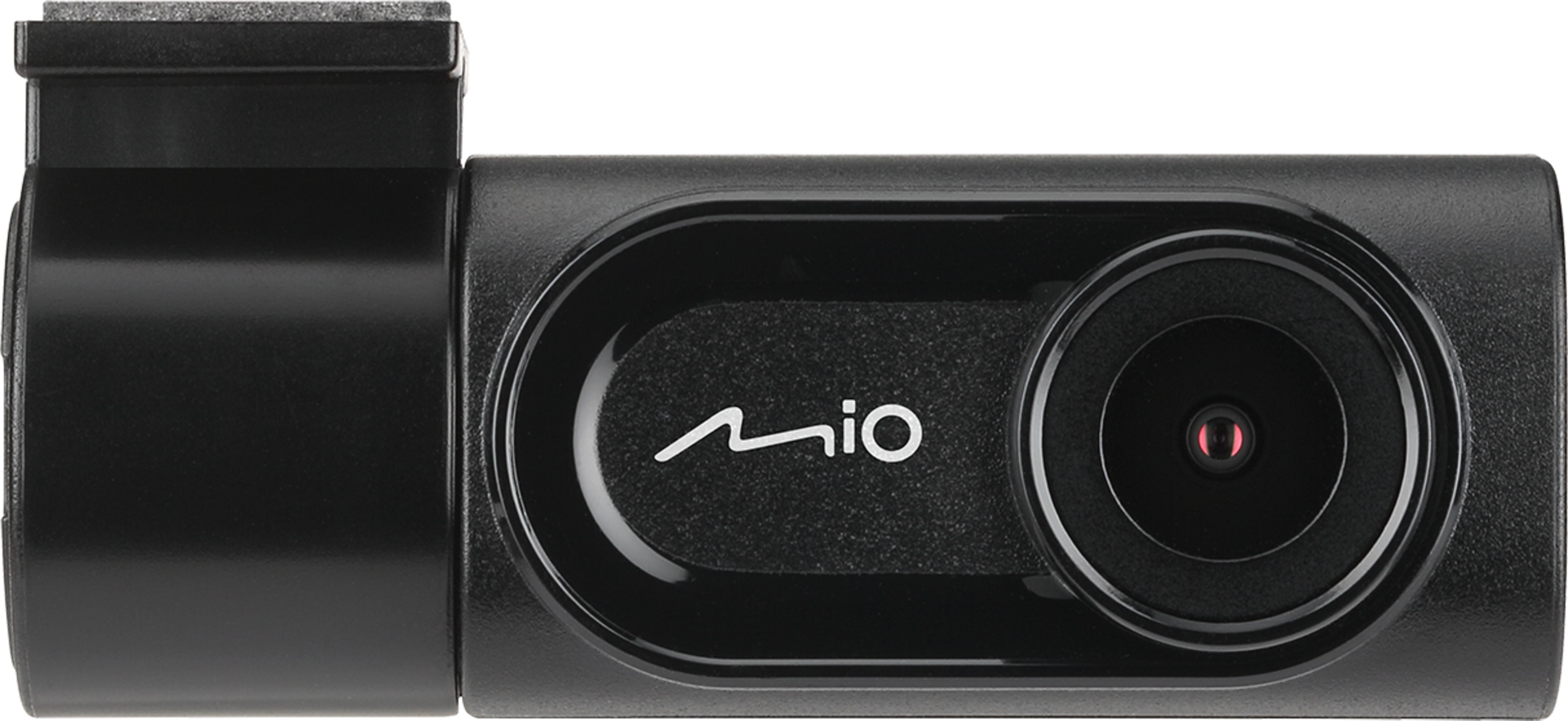 Zwarte dashcam recorder met "mio" logo en lens.
