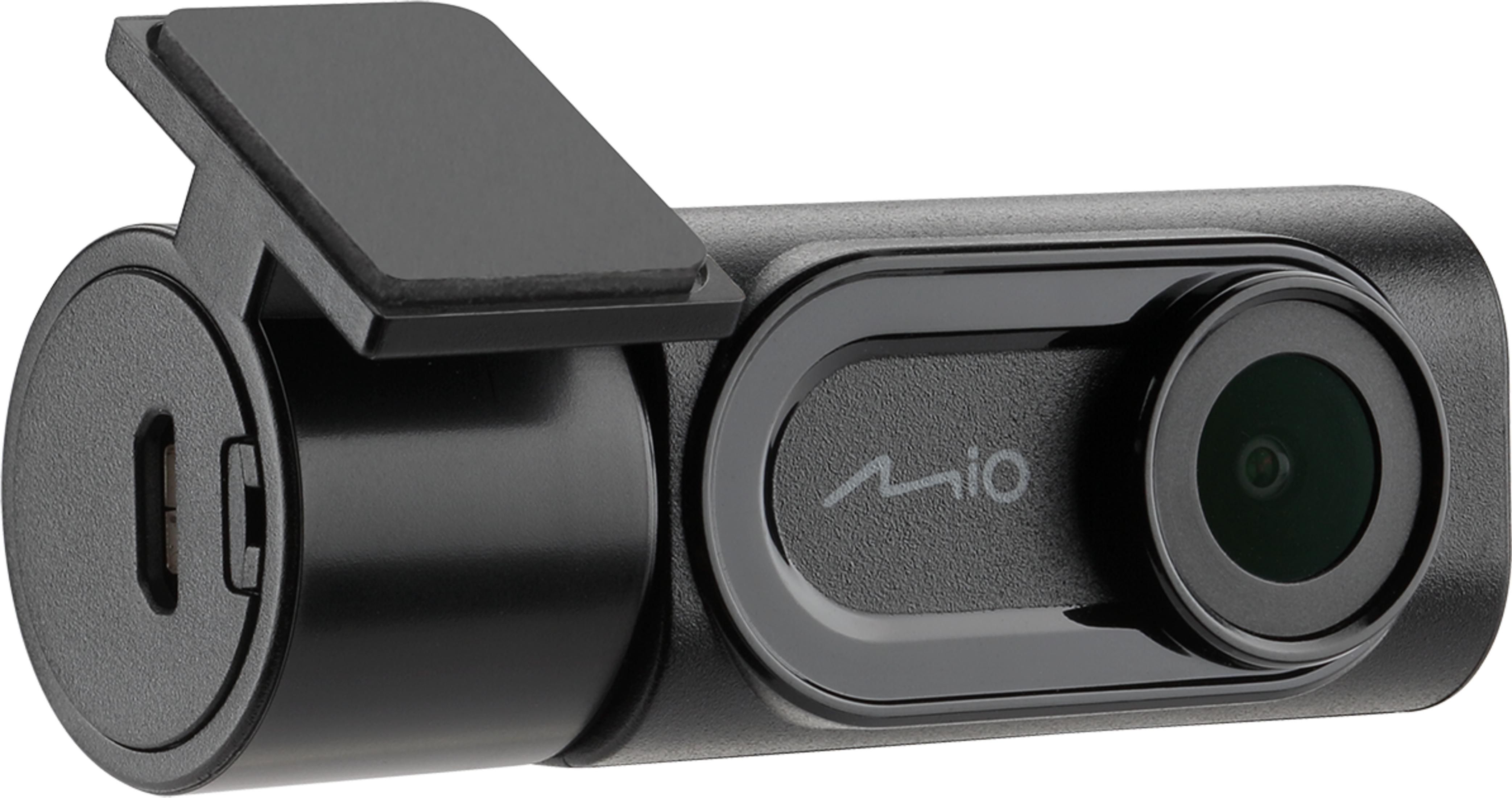 Compacte zwarte dashcam met lens, logo en USB-poort.