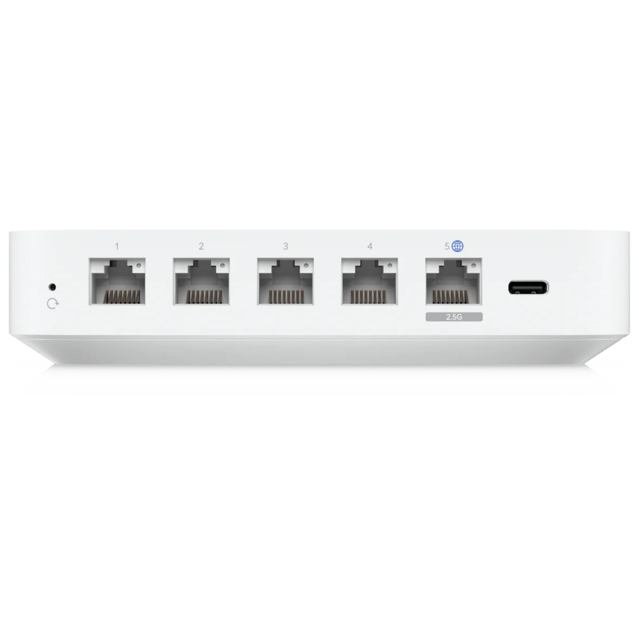 Biały przełącznik sieciowy z pięcioma portami RJ45 i portem USB-C.