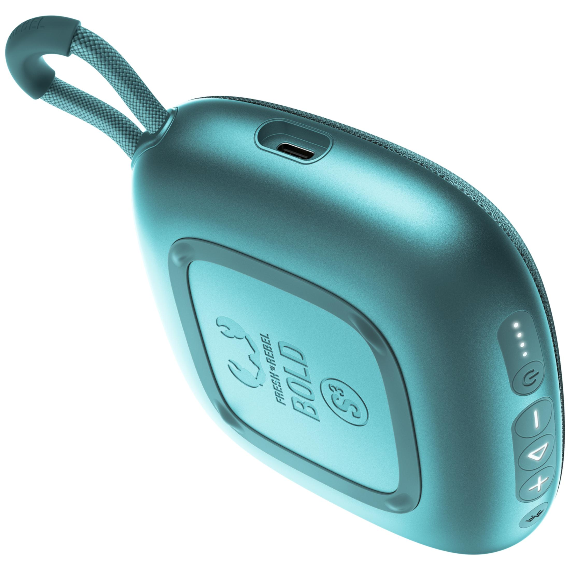 Türkiser Bluetooth-Lautsprecher mit Stoffakzenten, USB-C-Anschluss und Tasten.