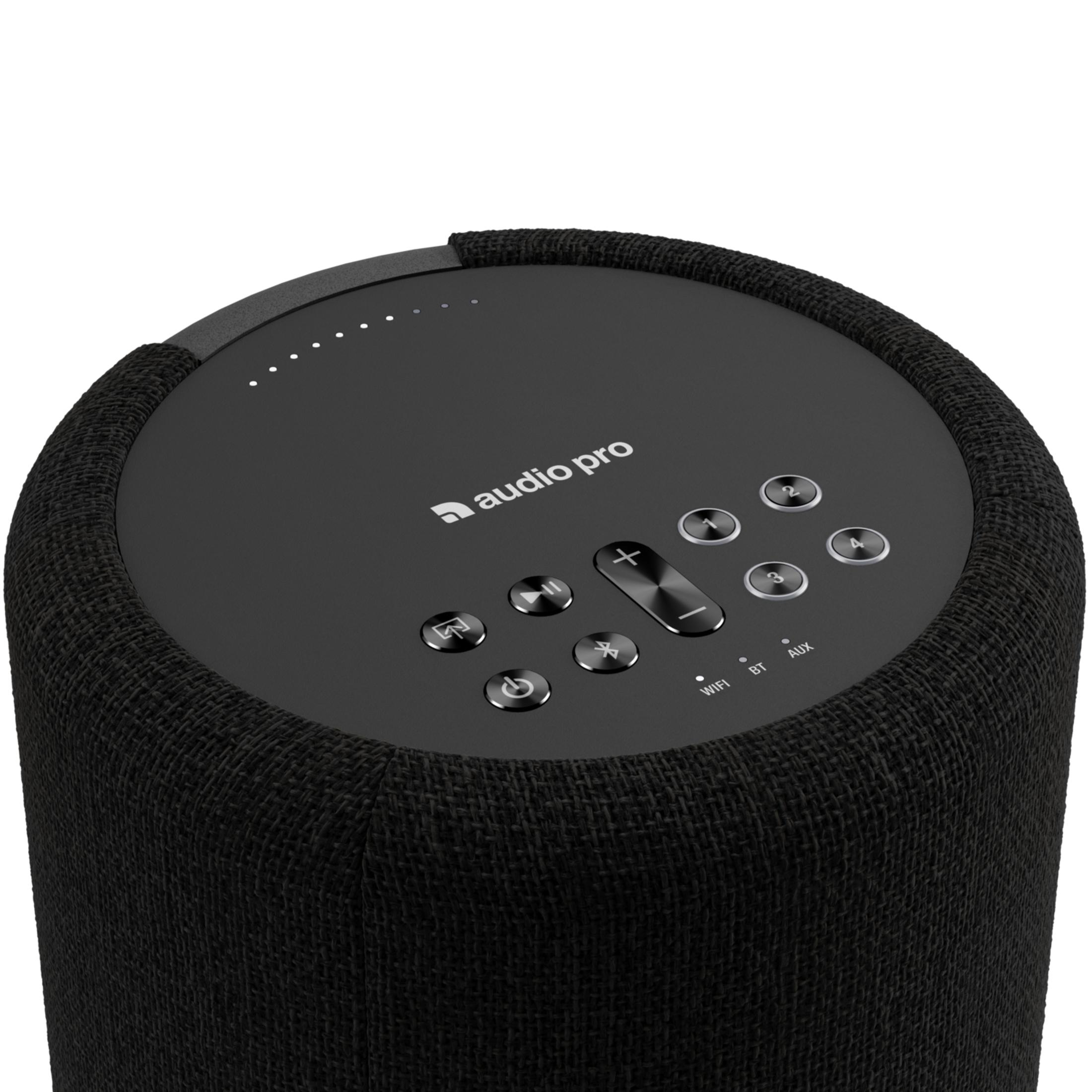 Zwarte luidspreker met bedieningsknoppen en het 'audio pro' logo.