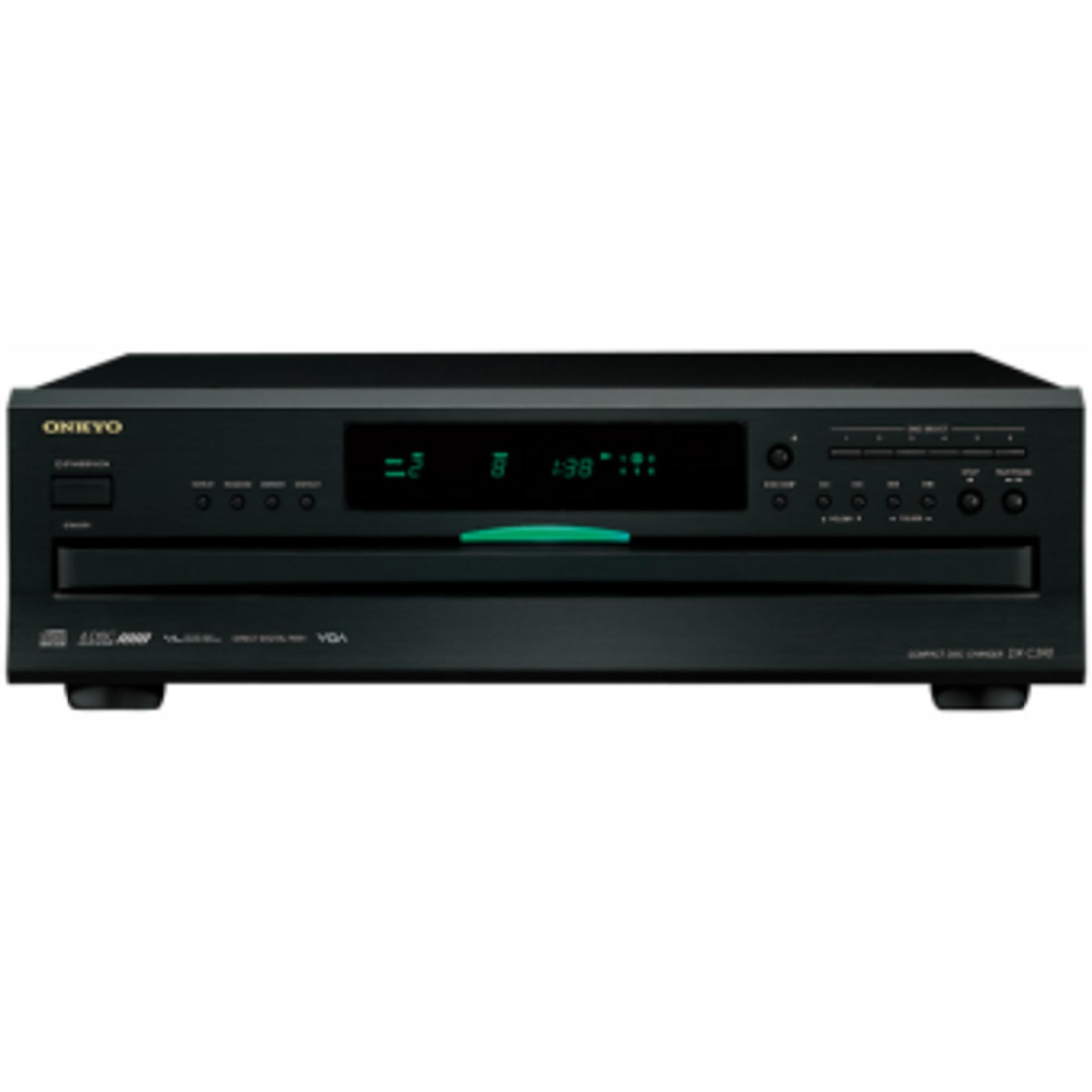Ein schwarzer Onkyo CD-Player mit grüner Anzeige und Bedienelementen.