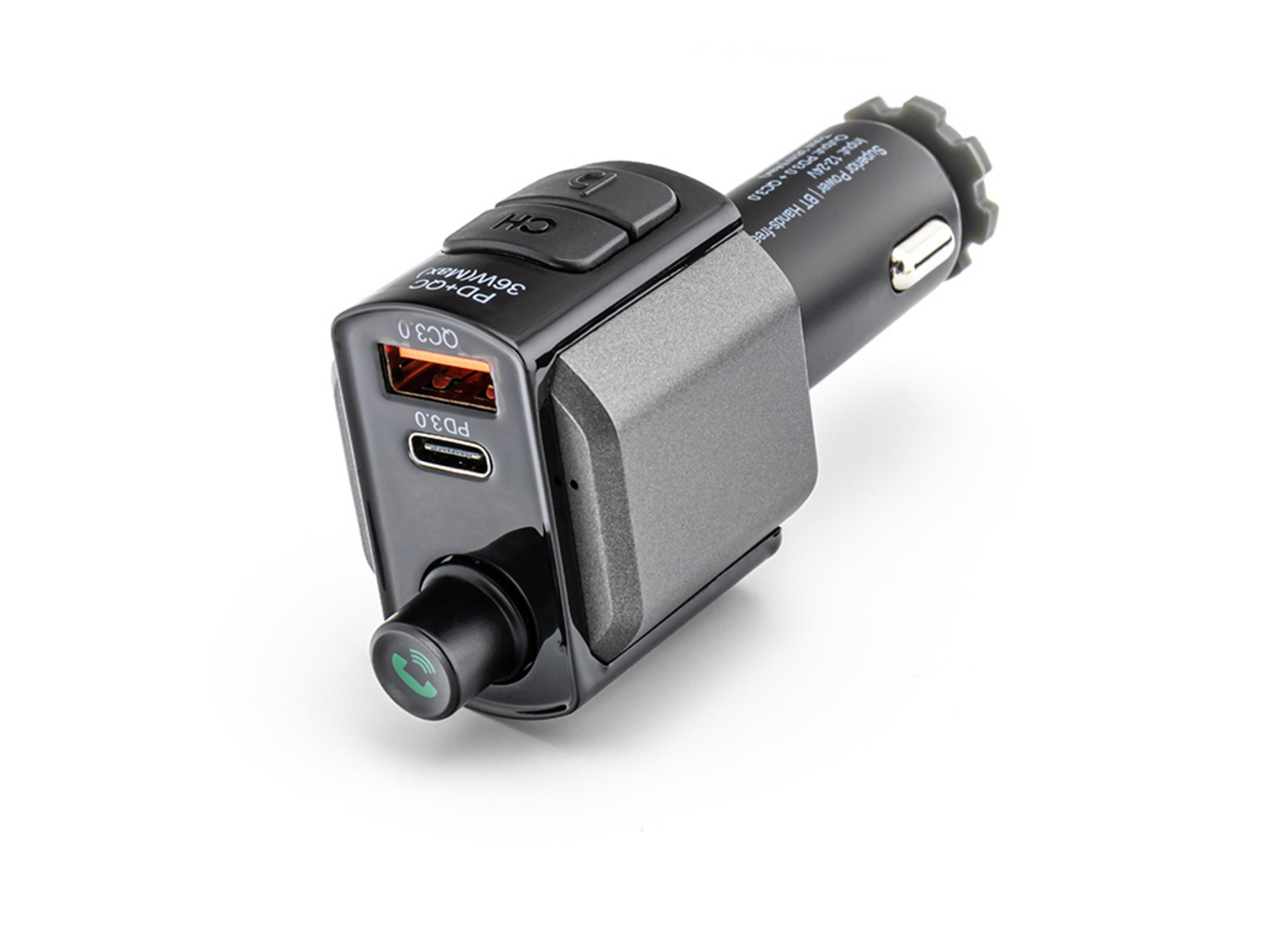 Schwarzer Kfz-Ladeadapter mit QC3.0 & PD3.0 Anschlüssen und CH-Taste.