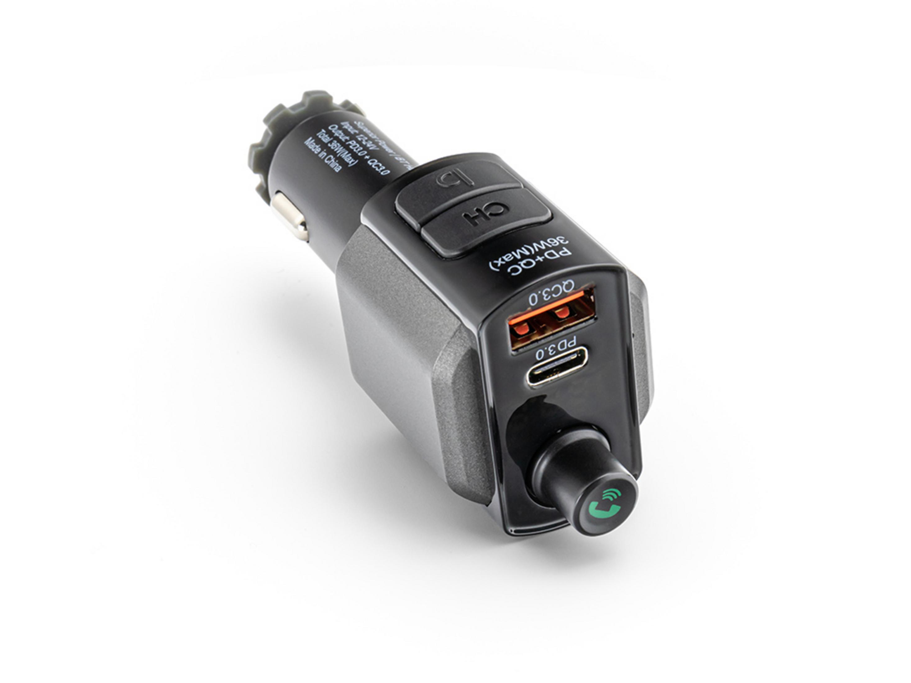 Schwarzer KFZ-Ladegerät mit USB-C, USB-A und Anruftaste.
