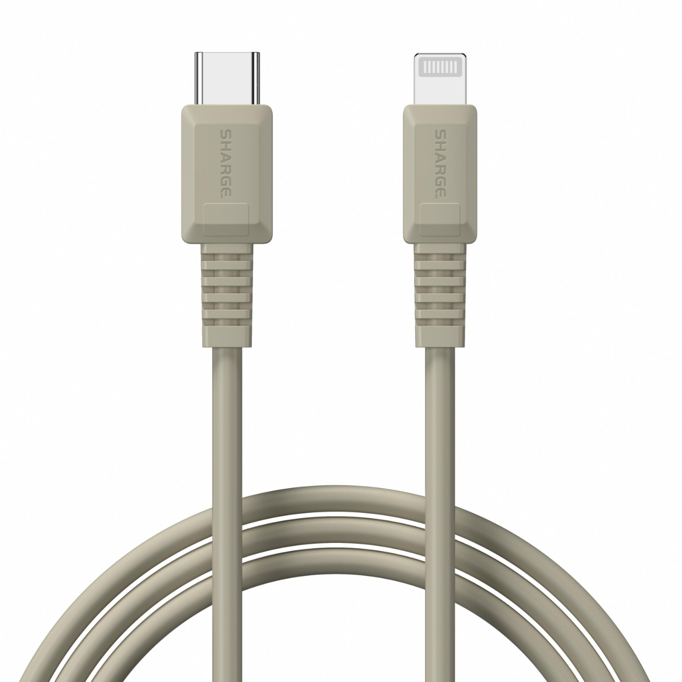 Un câble gris USB-C vers Lightning avec connecteurs argentés.