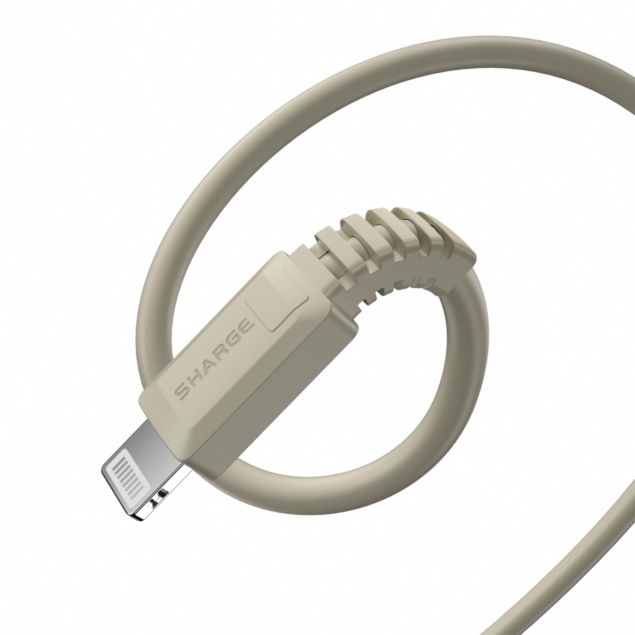 Un câble de chargement beige avec connecteur Lightning, sur fond blanc.