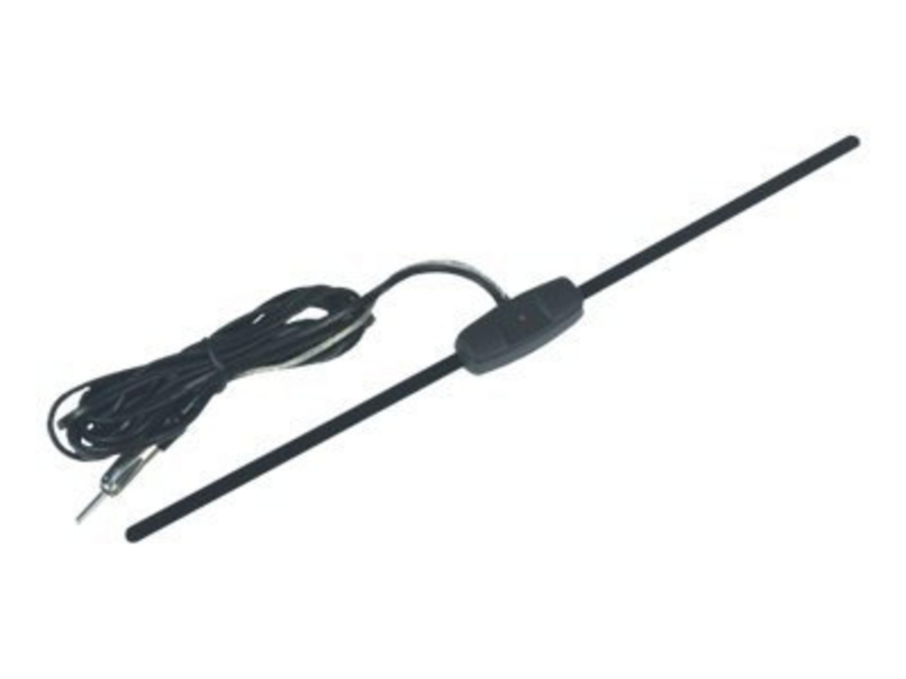 Schwarze Antenne mit Kabel und Schalter auf weißem Hintergrund.