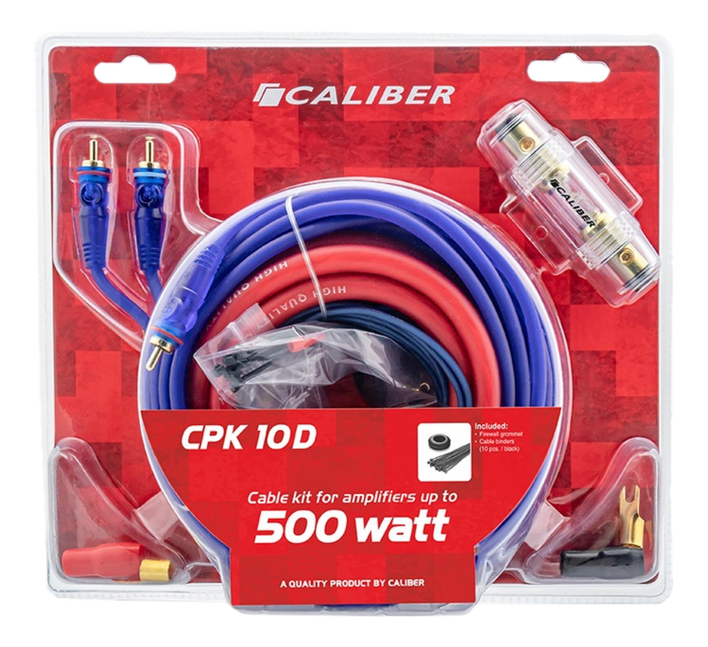 Caliber Verstärkerkabel-Set mit Sicherungshalter, roten und blauen Kabeln.