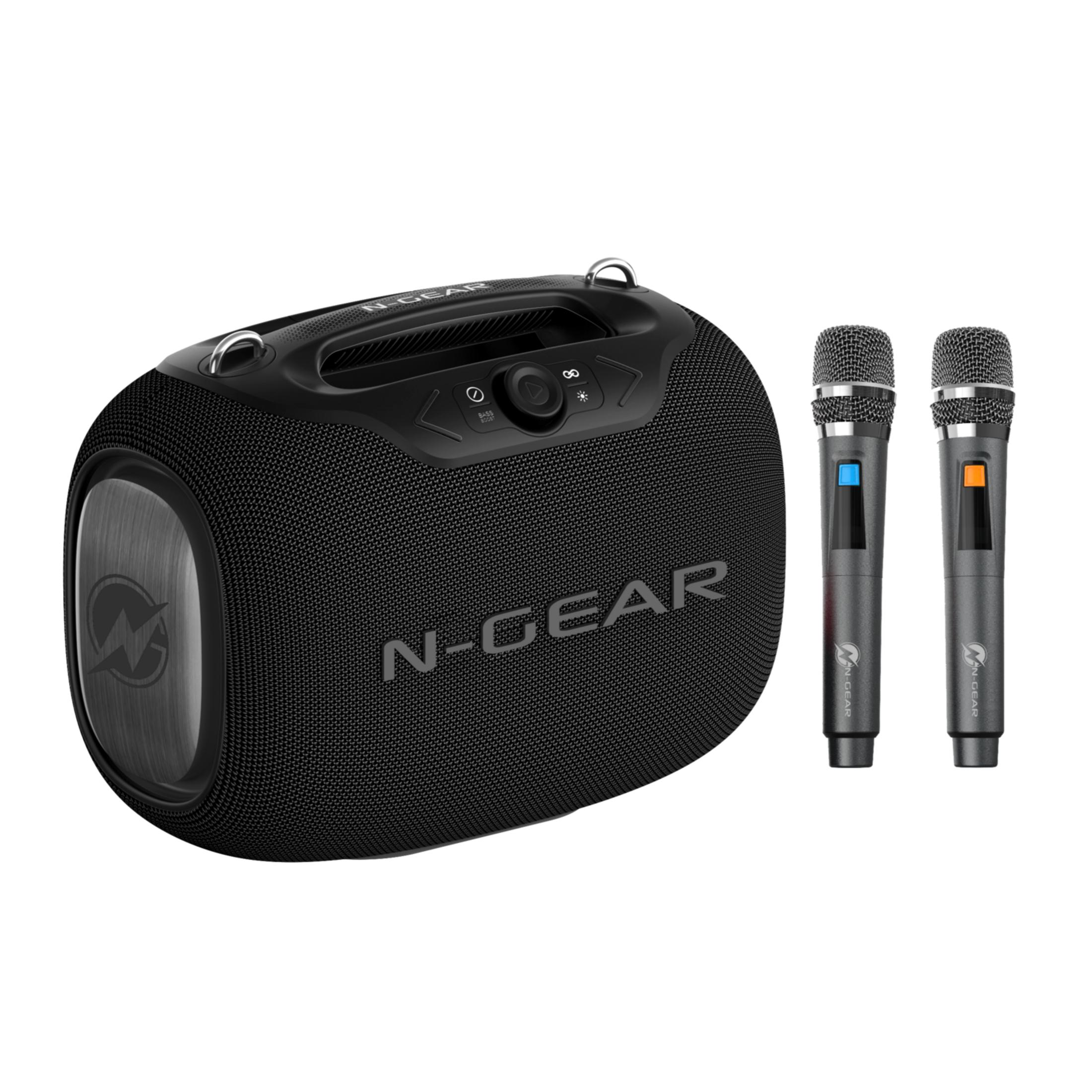 Altoparlante portatile nero con due microfoni.