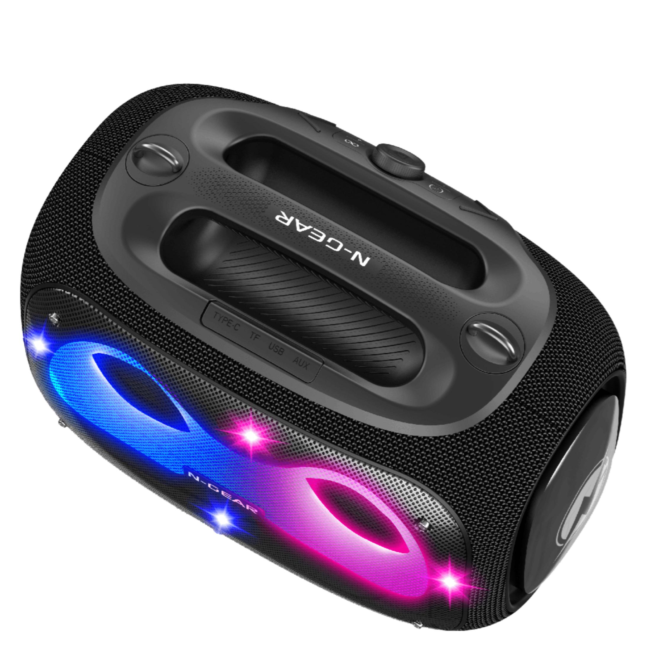 Altoparlante nero N-Gear con luci blu e rosa, maniglia e pulsanti di controllo.