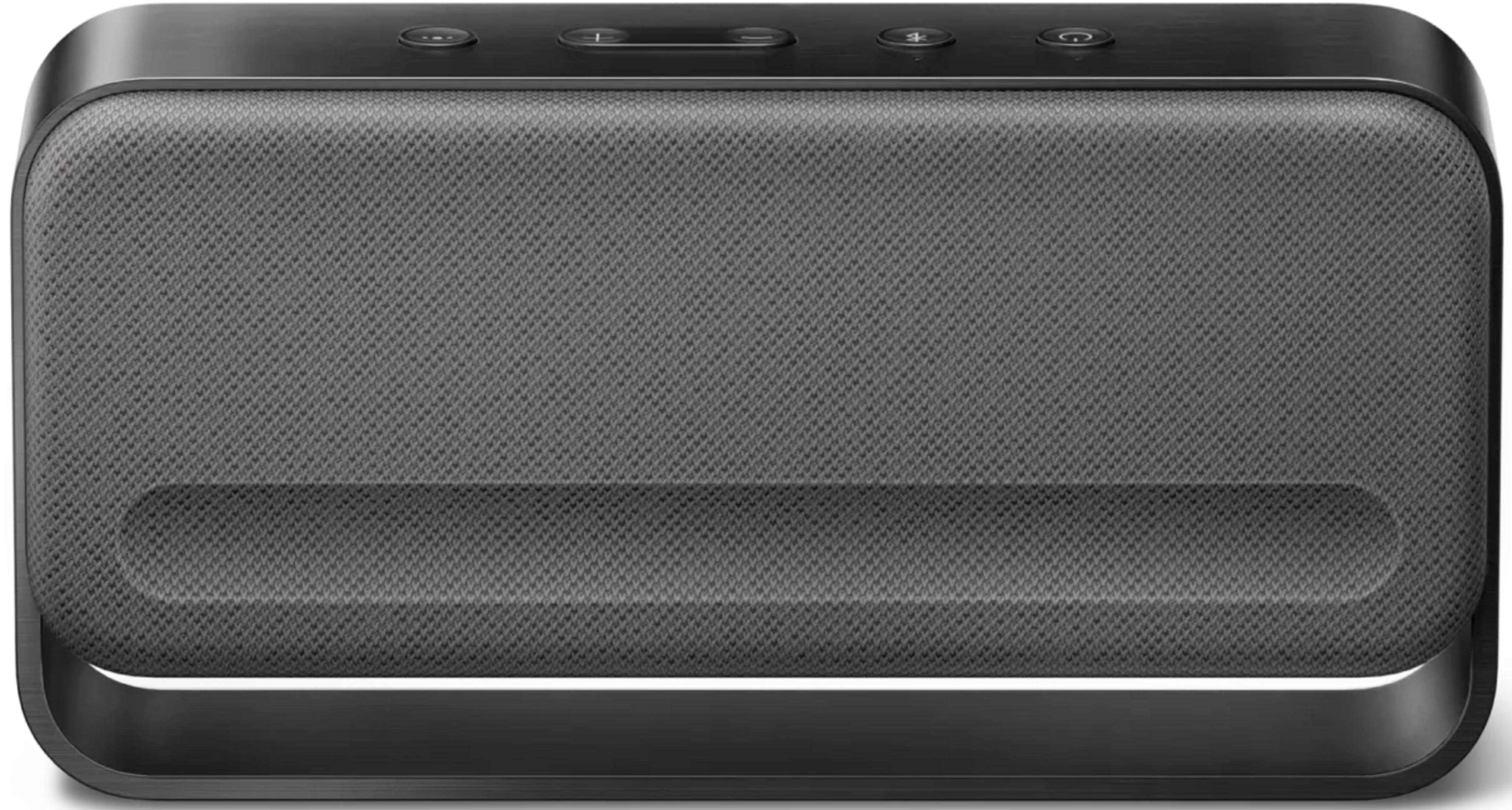 Altavoz inteligente de tela gris con controles negros encima.