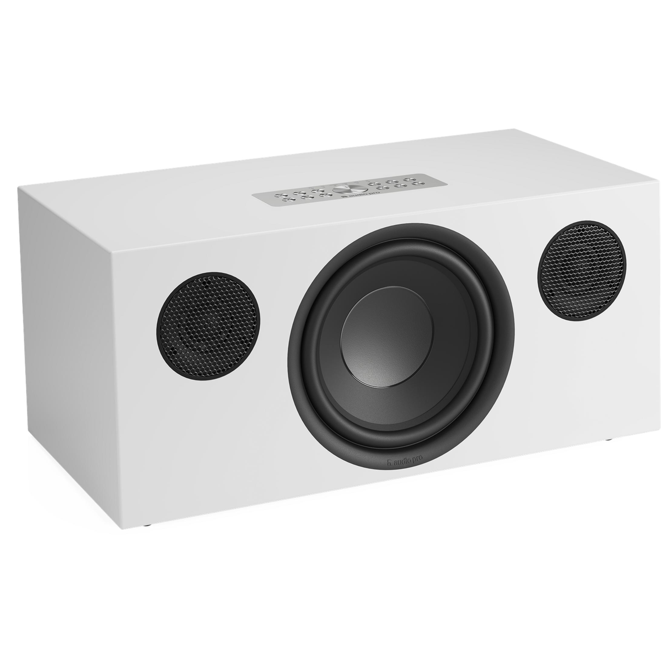 Ein weißer Subwoofer mit einem großen schwarzen Lautsprecher in der Mitte und zwei kleineren Lautsprechern.
