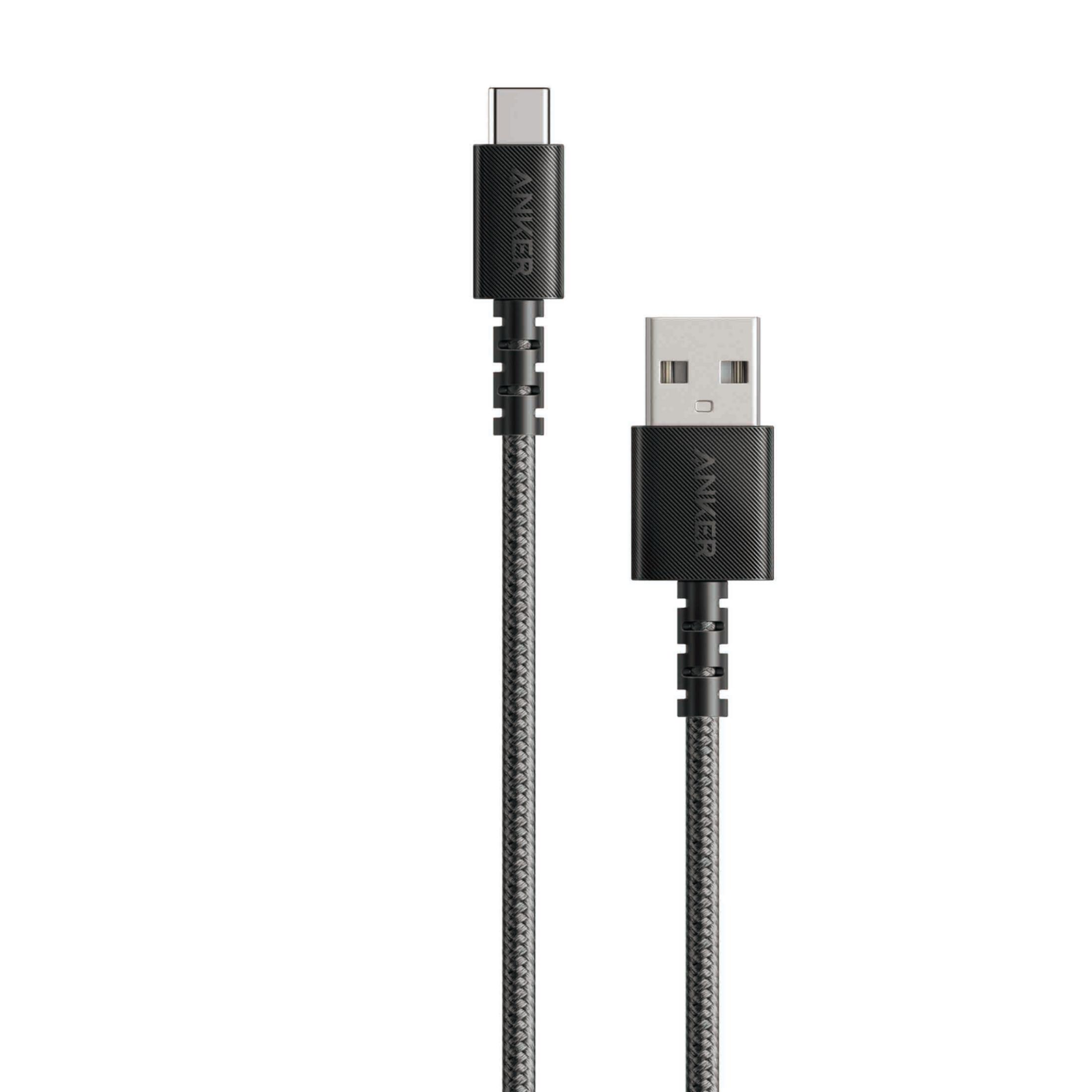 Un cavo grigio da USB-A a USB-C con logo Anker.