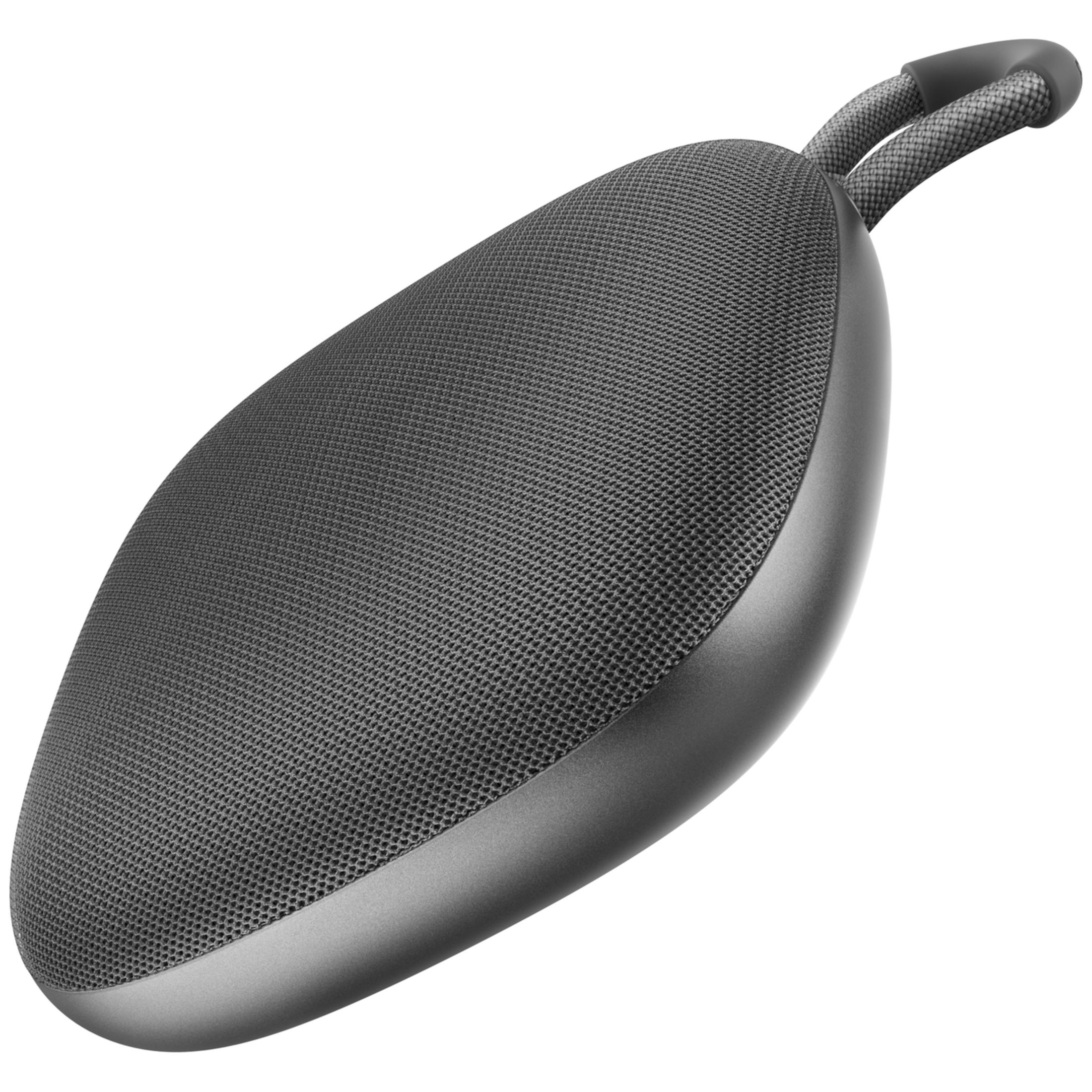 Eine graue, ovale Bluetooth-Box mit einem Stoffgitter und einer Schlaufe.