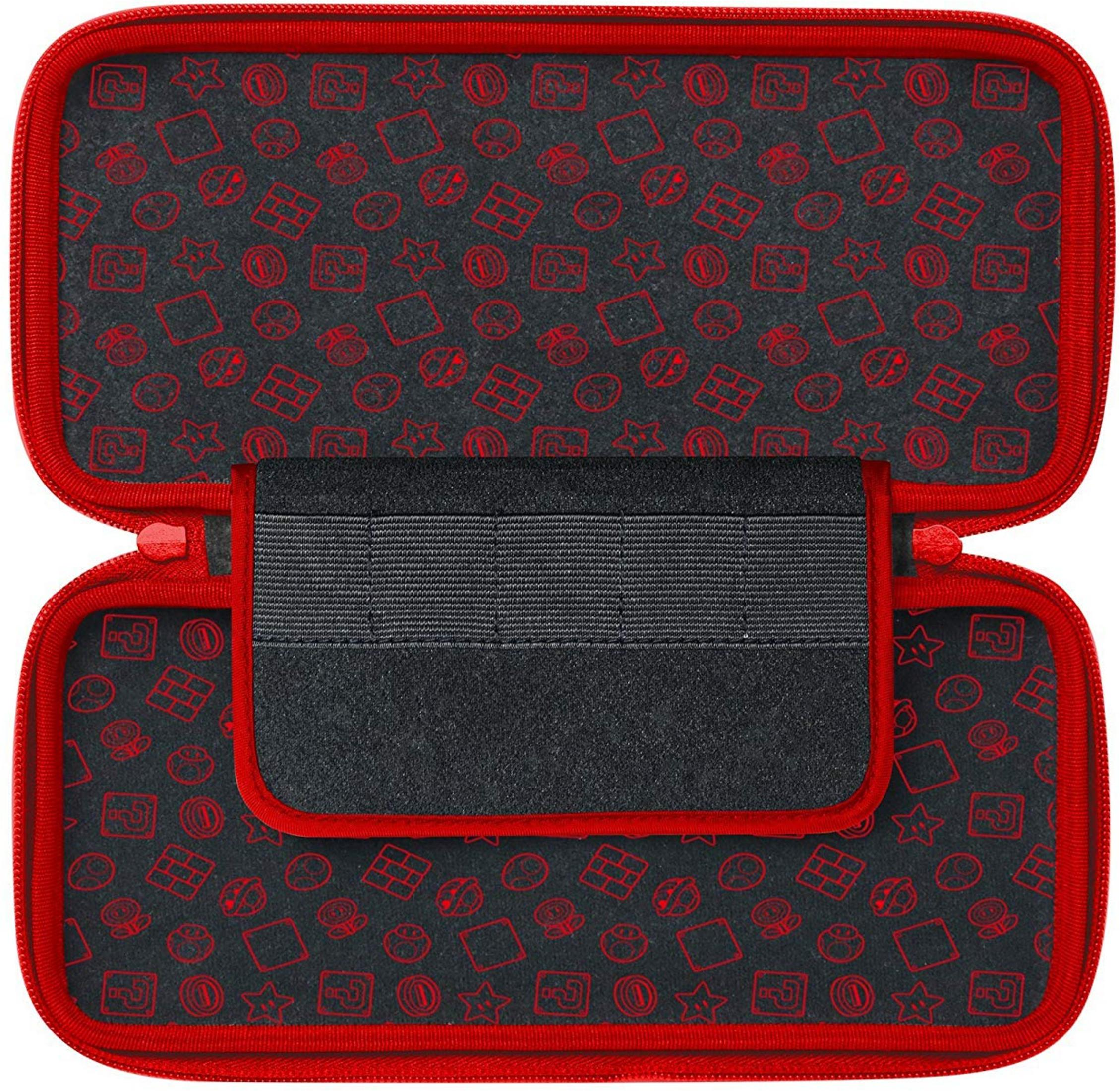 Funda roja con motivos de Mario, interior negro con correas elásticas.