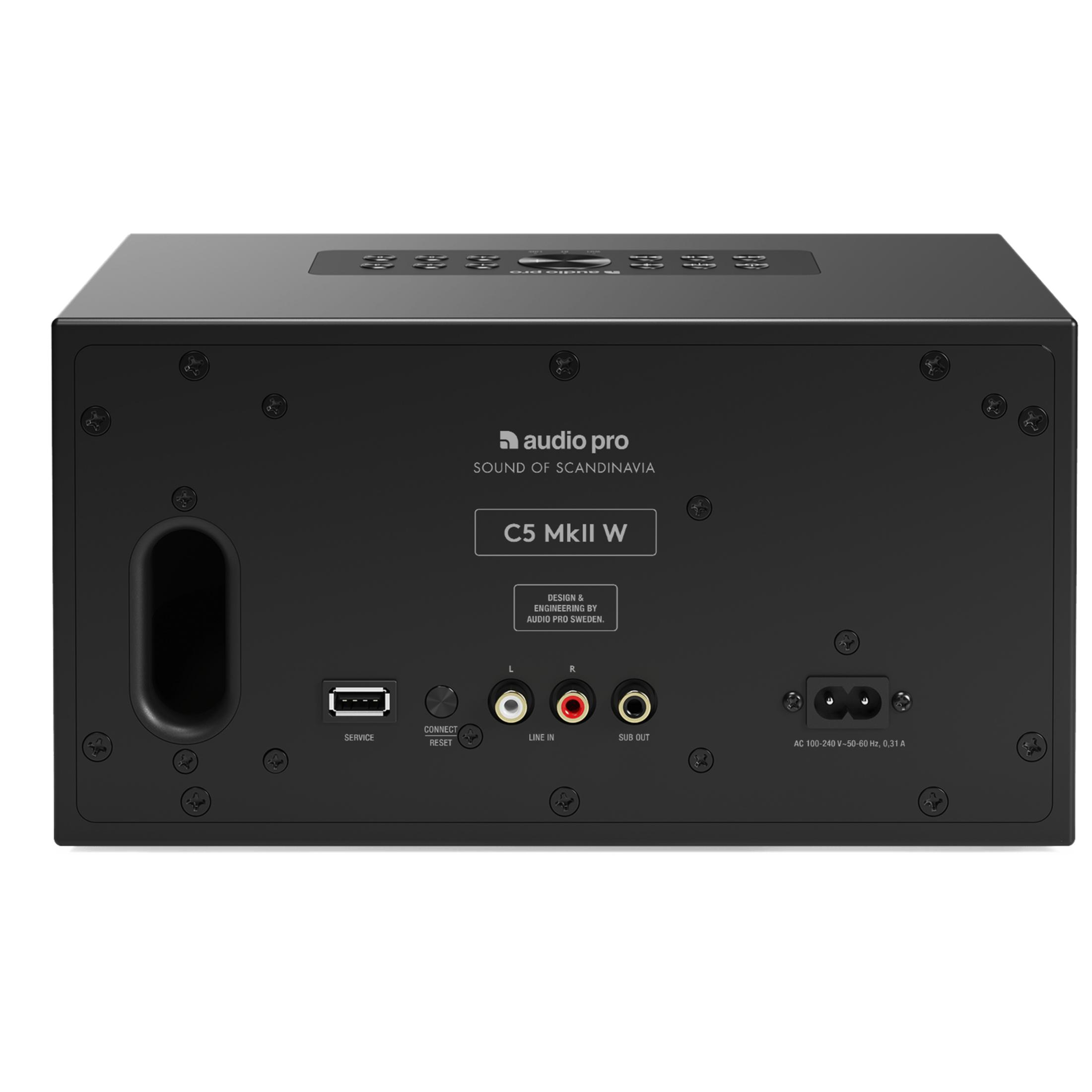 Achterkant van een zwarte Audio Pro C5 MkII W luidspreker met diverse poorten.