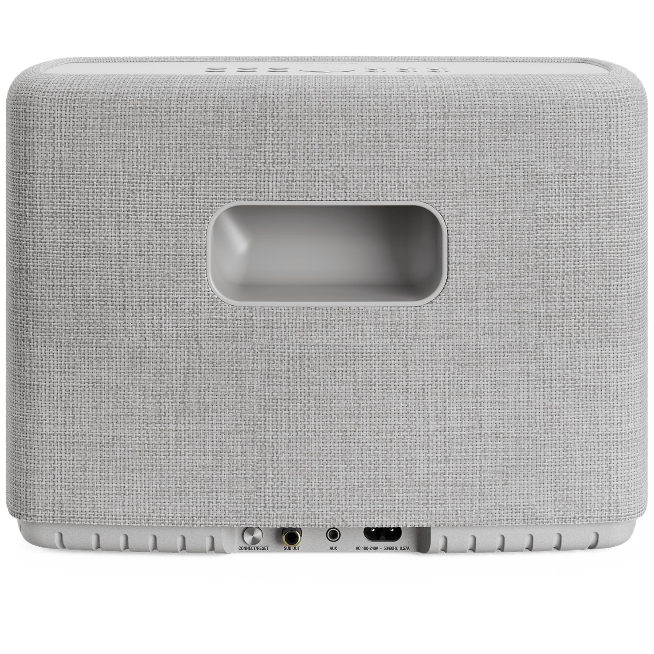 Arrière d'un haut-parleur gris avec ports : CONNECT/RESET, SUB OUT, AUX, AC.