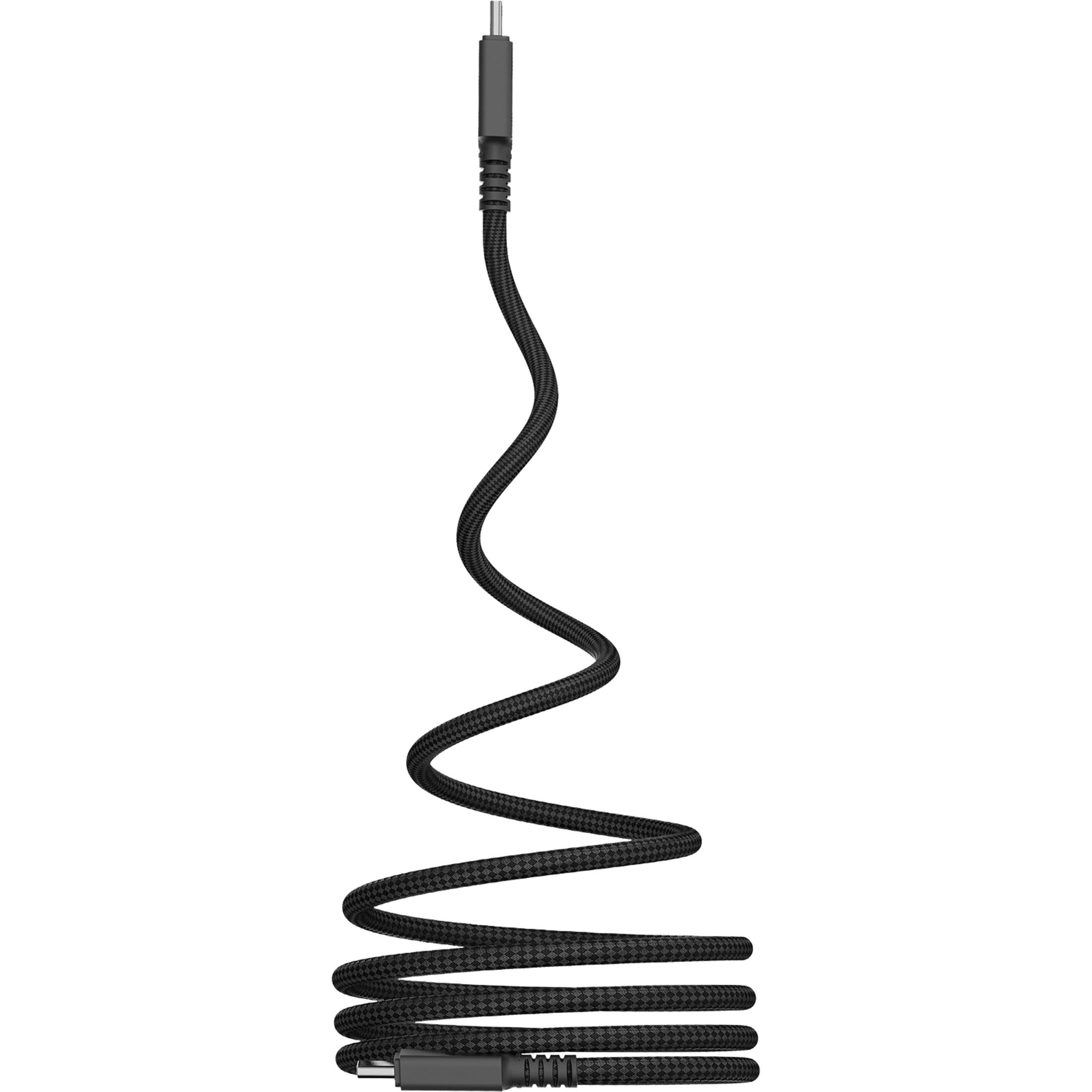 Ein schwarzes USB-C-Kabel mit Stoffummantelung auf weißem Hintergrund.