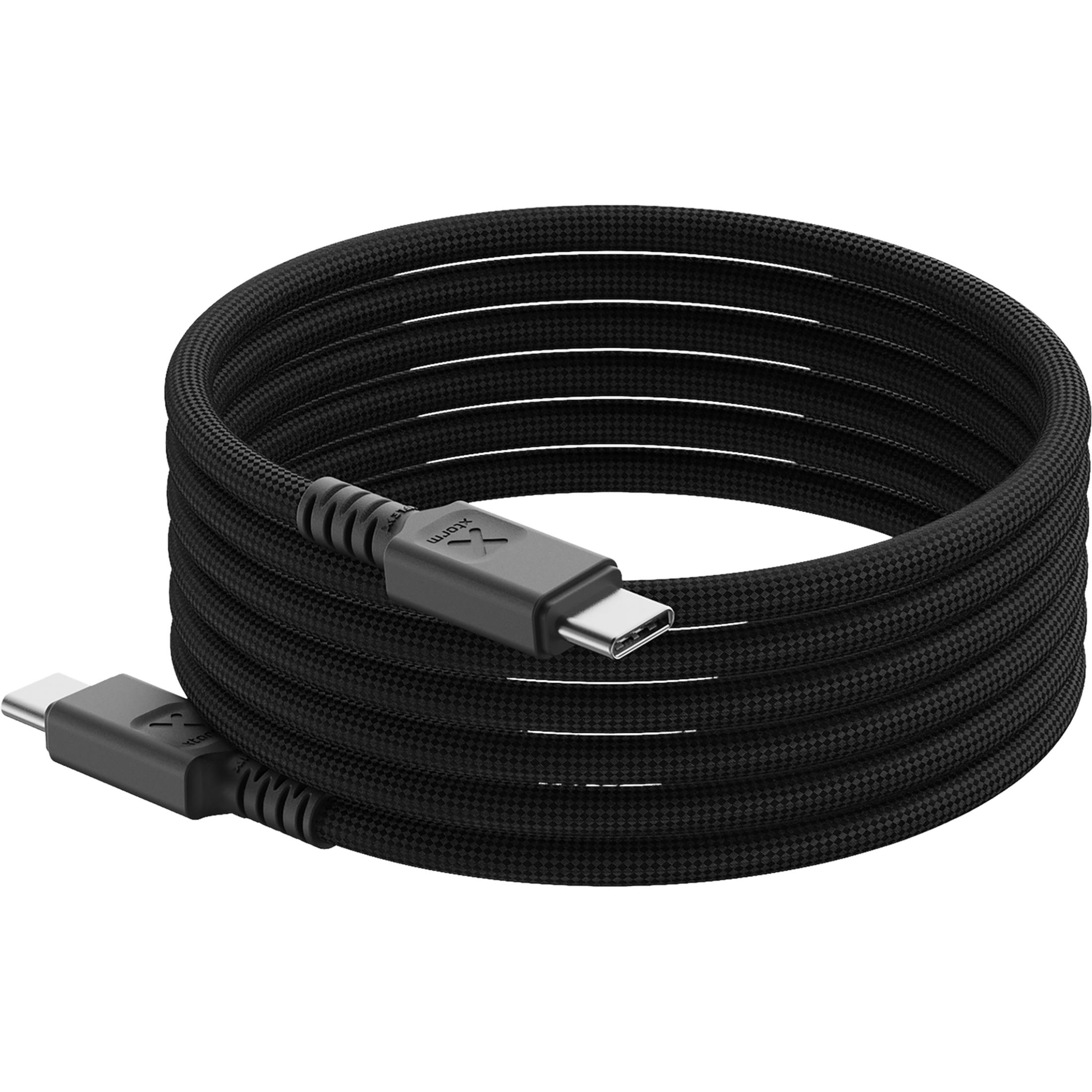 Schwarzes USB-C-Kabel mit geflochtenem Mantel, aufgerollt, mit zwei Anschlüssen.