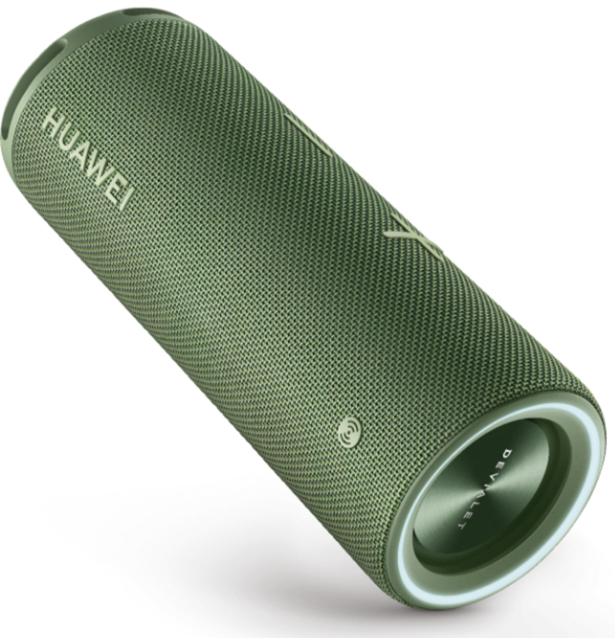 Zielony głośnik Bluetooth Huawei z logo Devialet na białym tle.