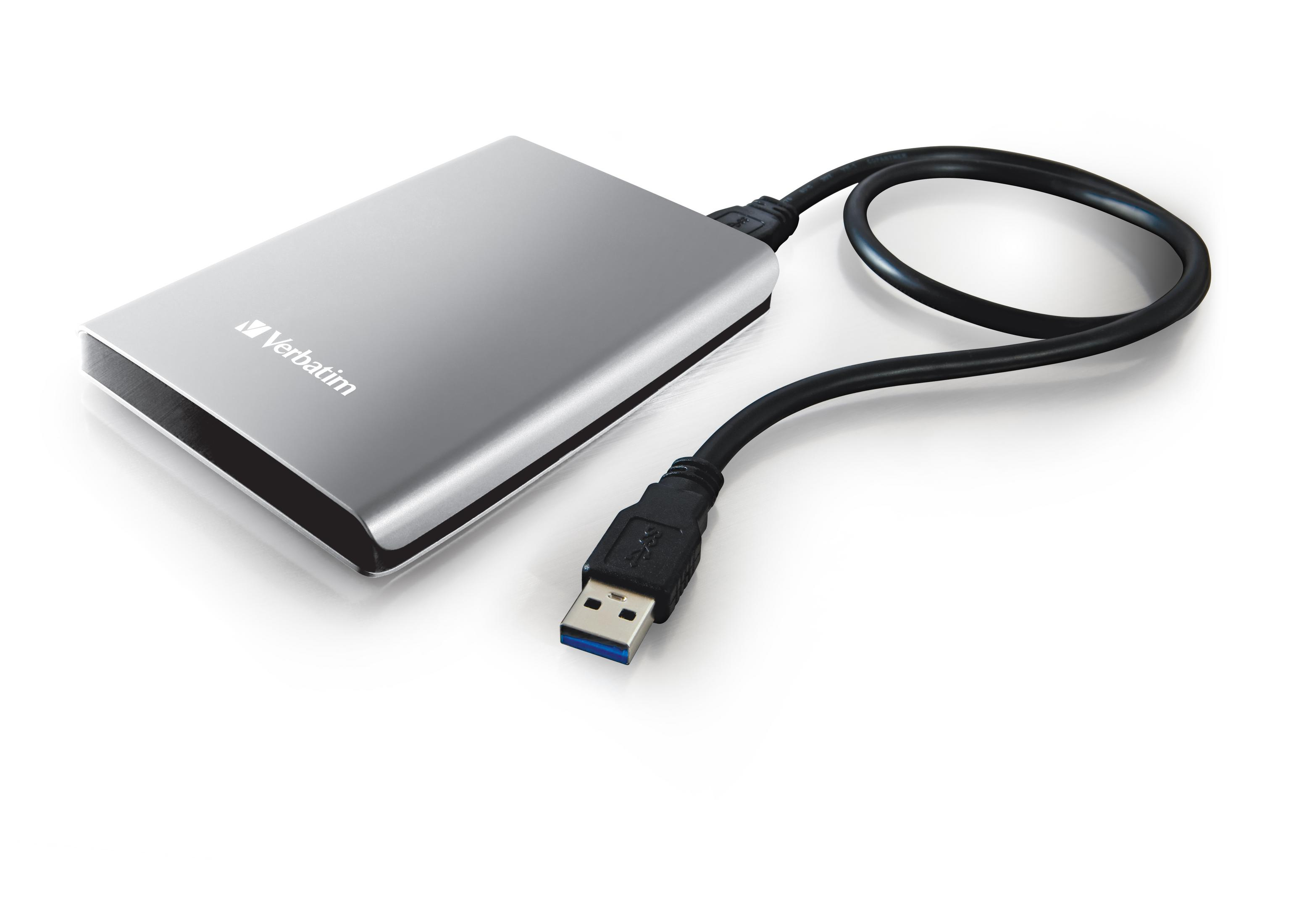 Srebrny zewnętrzny dysk twardy z kablem USB.