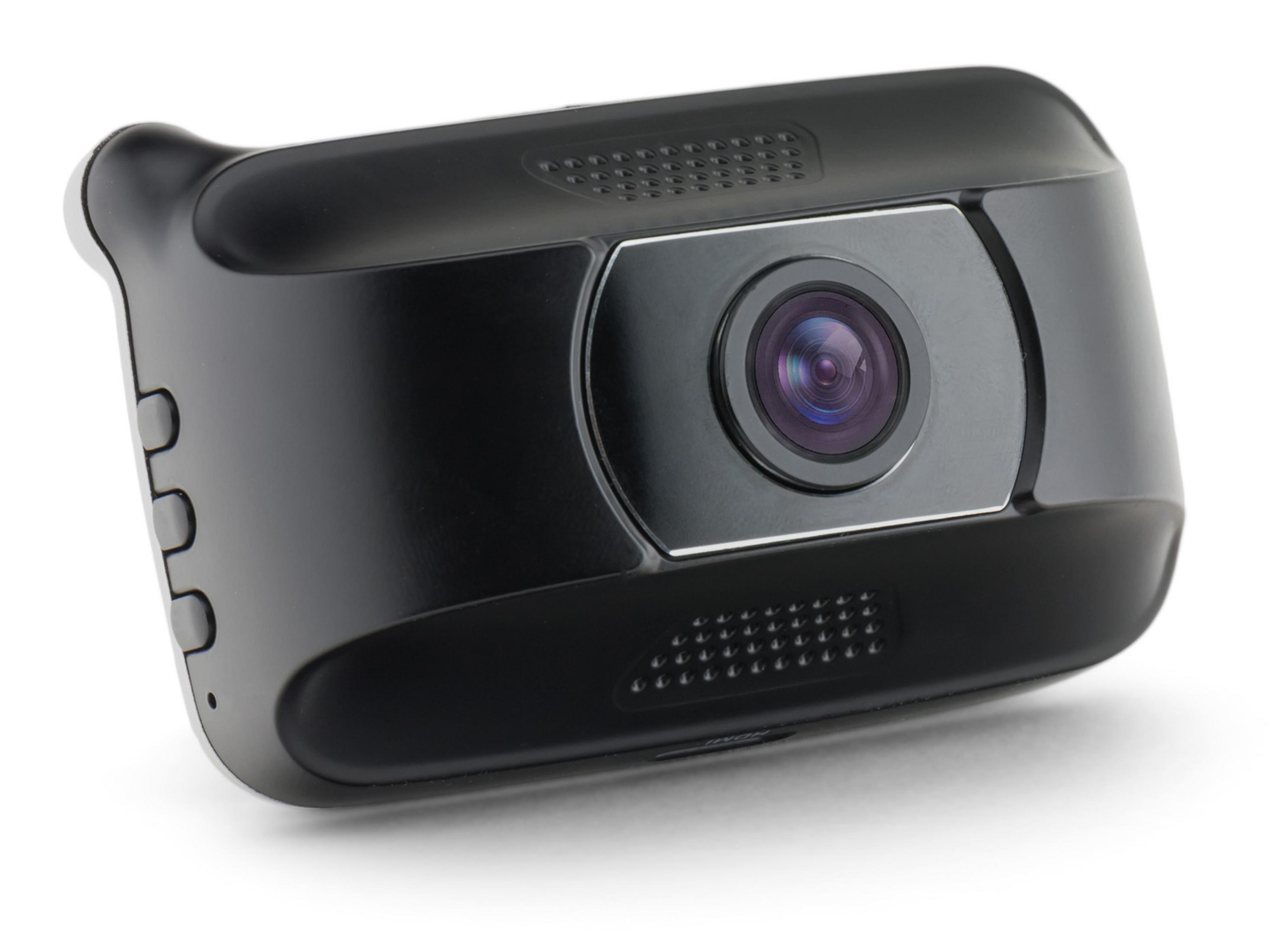 Ein schwarzer Dashcam-Recorder mit Linse und Lüftungsschlitzen.