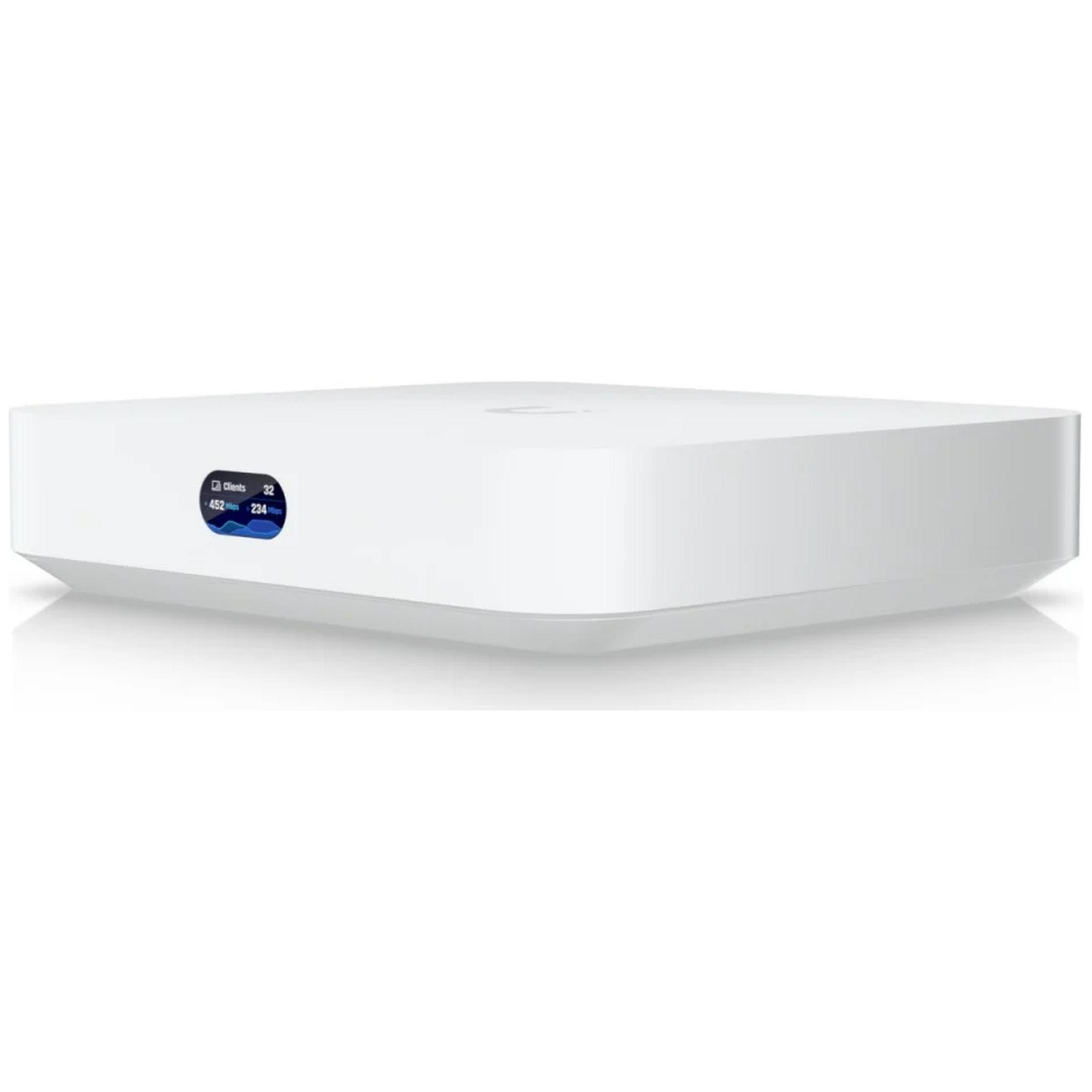 Biały router z niebieskim wyświetlaczem pokazuje 32 klientów i prędkości.