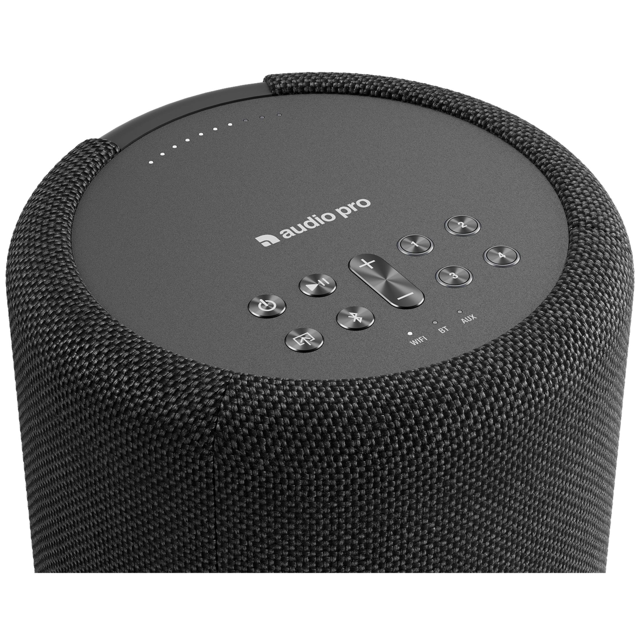 Seitenansicht eines schwarzen Audio Pro Lautsprechers mit Knöpfen und Lichtern.