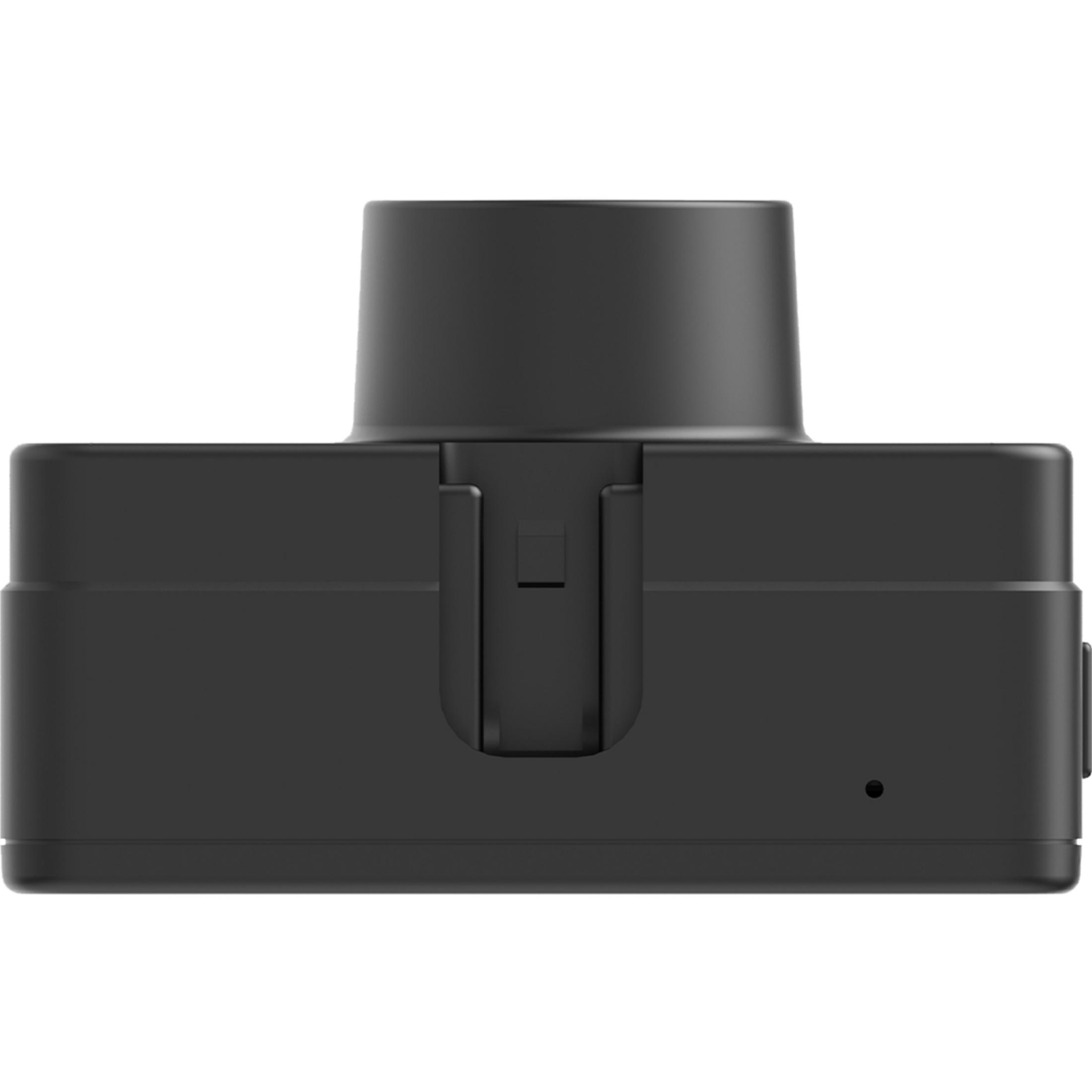 Schwarze Kamera mit Linse oben, flacher Vorderseite mit Clip und Lämpchen.