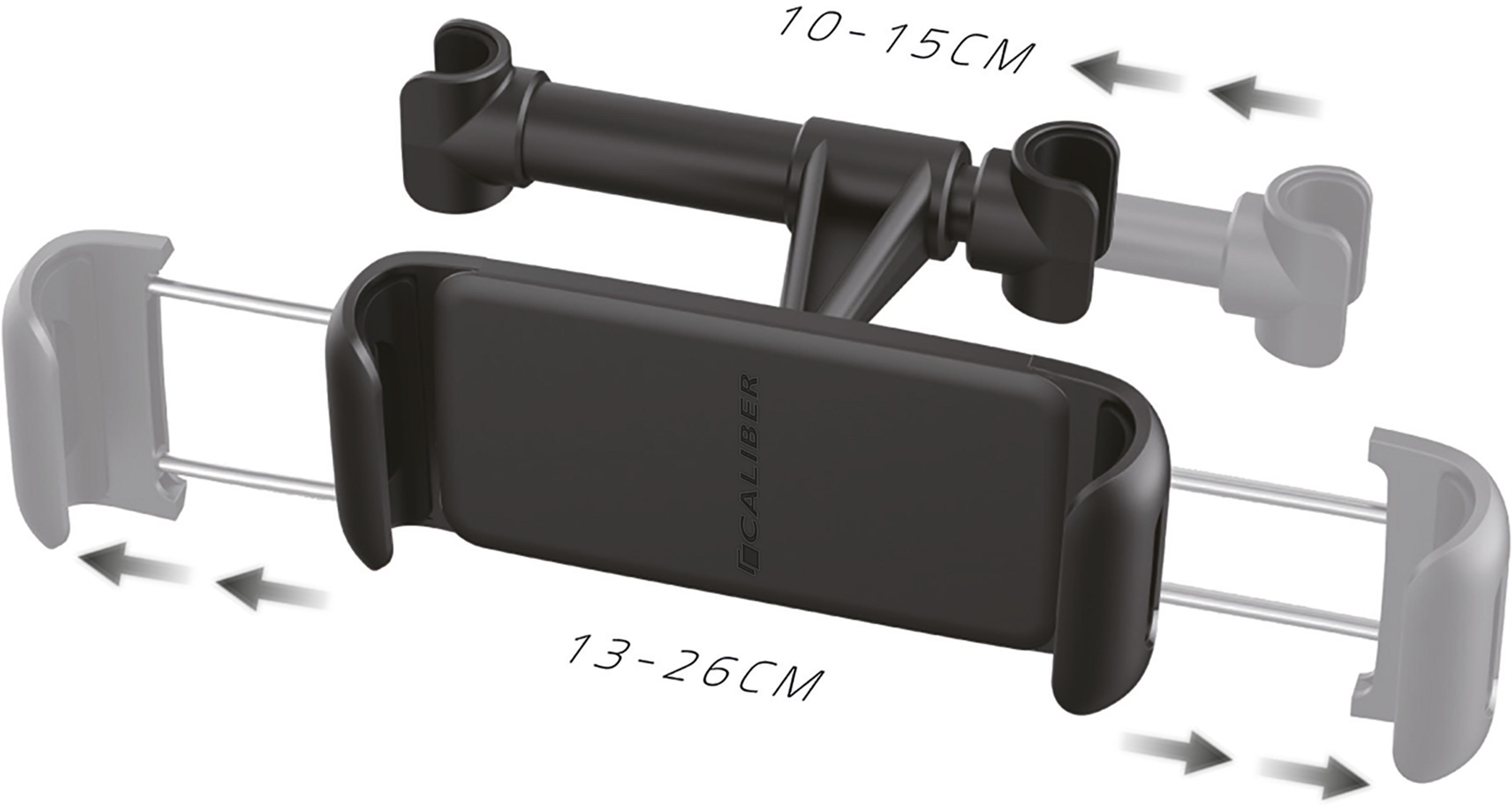 Schwarzer Handyhalter mit verstellbaren Armen und Größenangaben