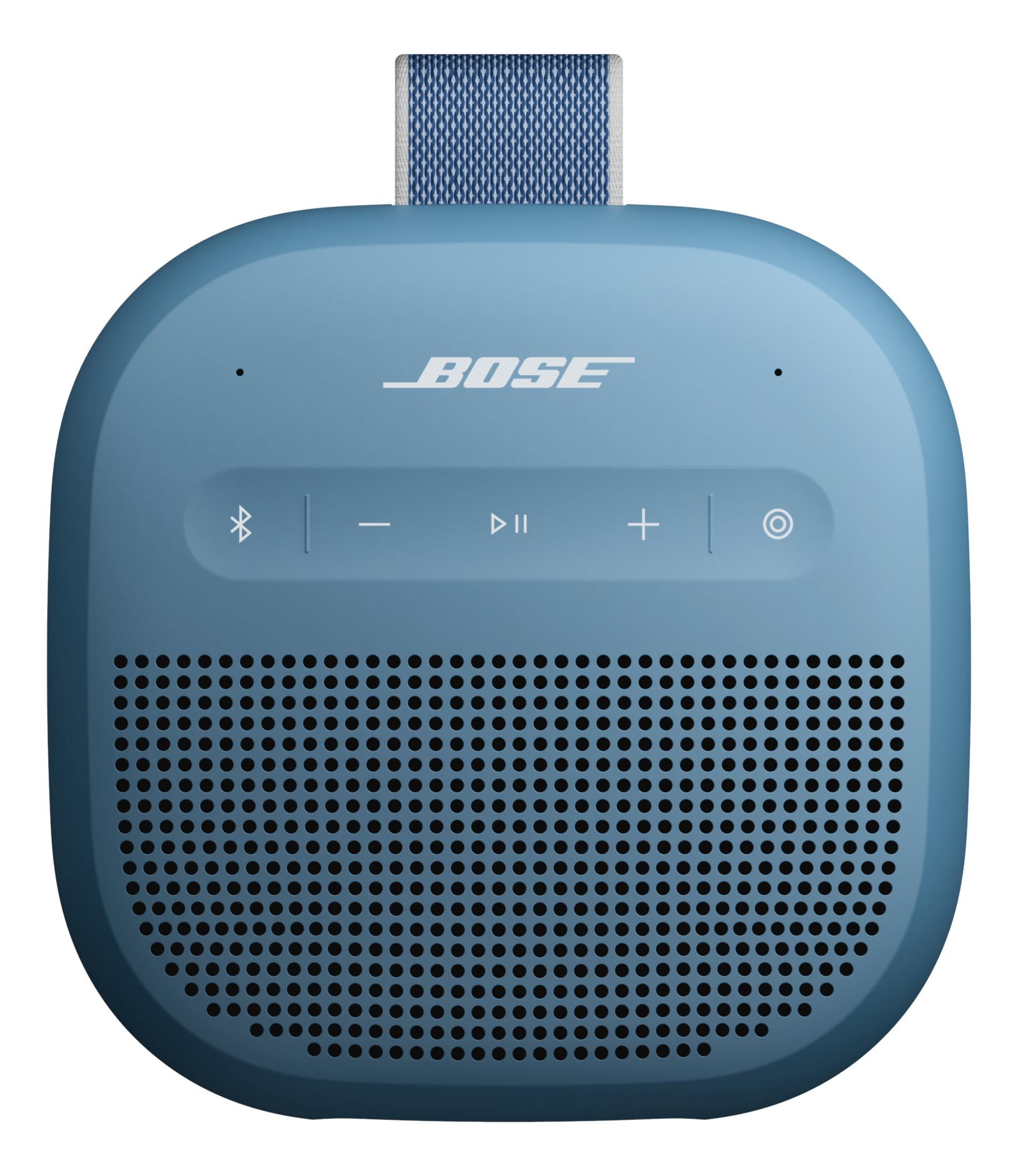 Un altavoz Bose azul con botones de control y rejilla.