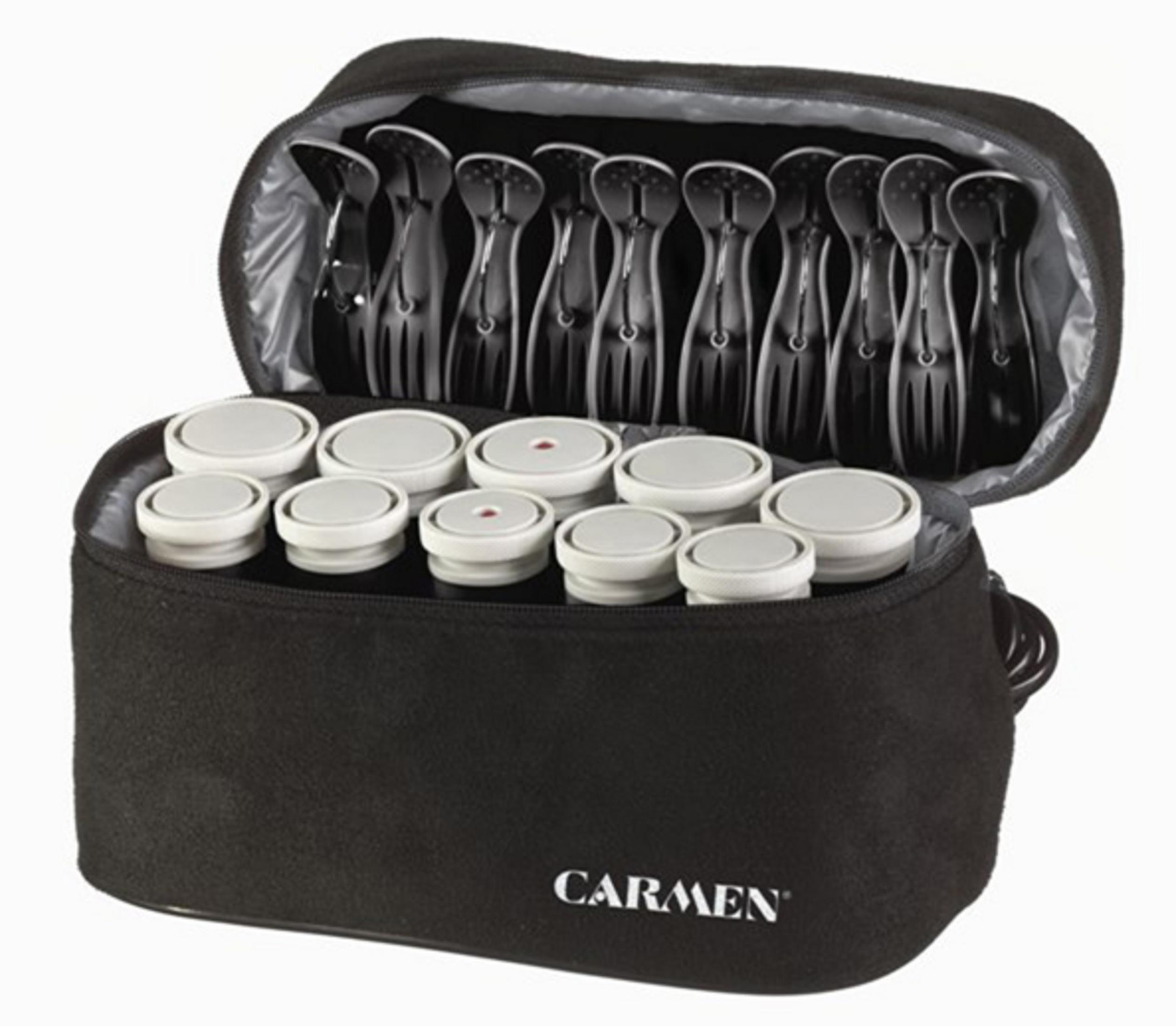 Ein schwarzer Koffer mit weißen Lockenwicklern und schwarzen Klemmen, Carmen-Logo.