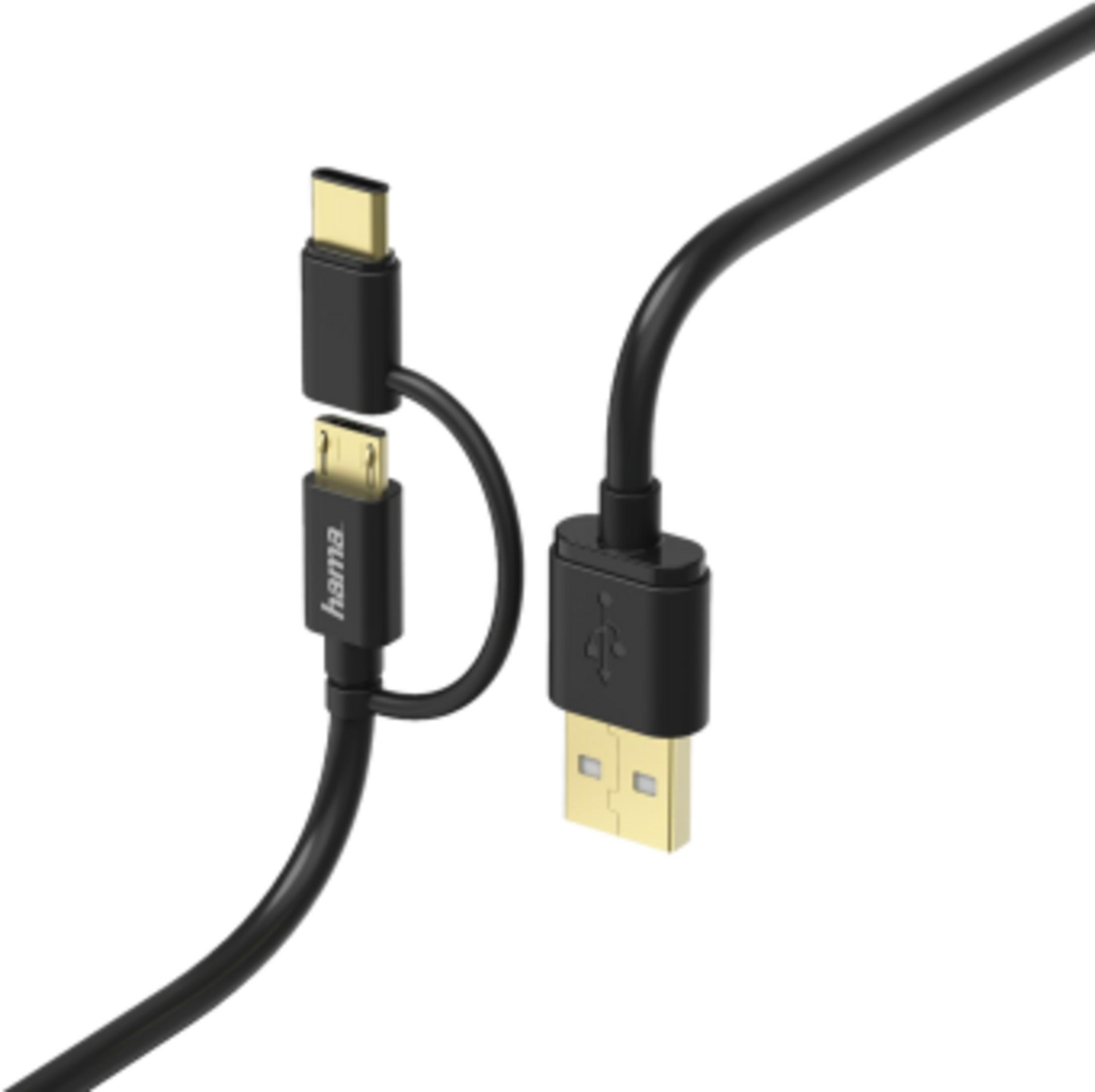 Czarny kabel USB z dwoma złączami: USB-A i USB-C.