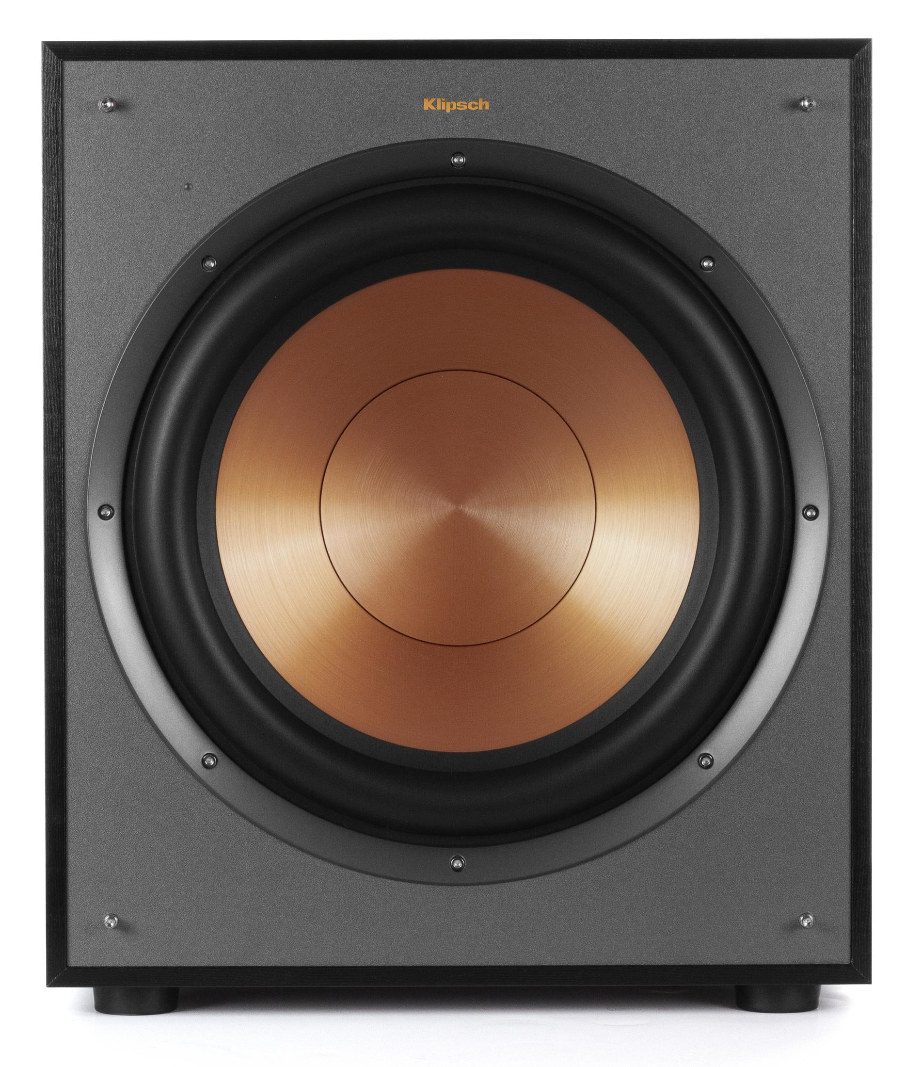 Ein schwarzer Lautsprecher mit einem kupferfarbenen Konus und dem Klipsch-Logo.