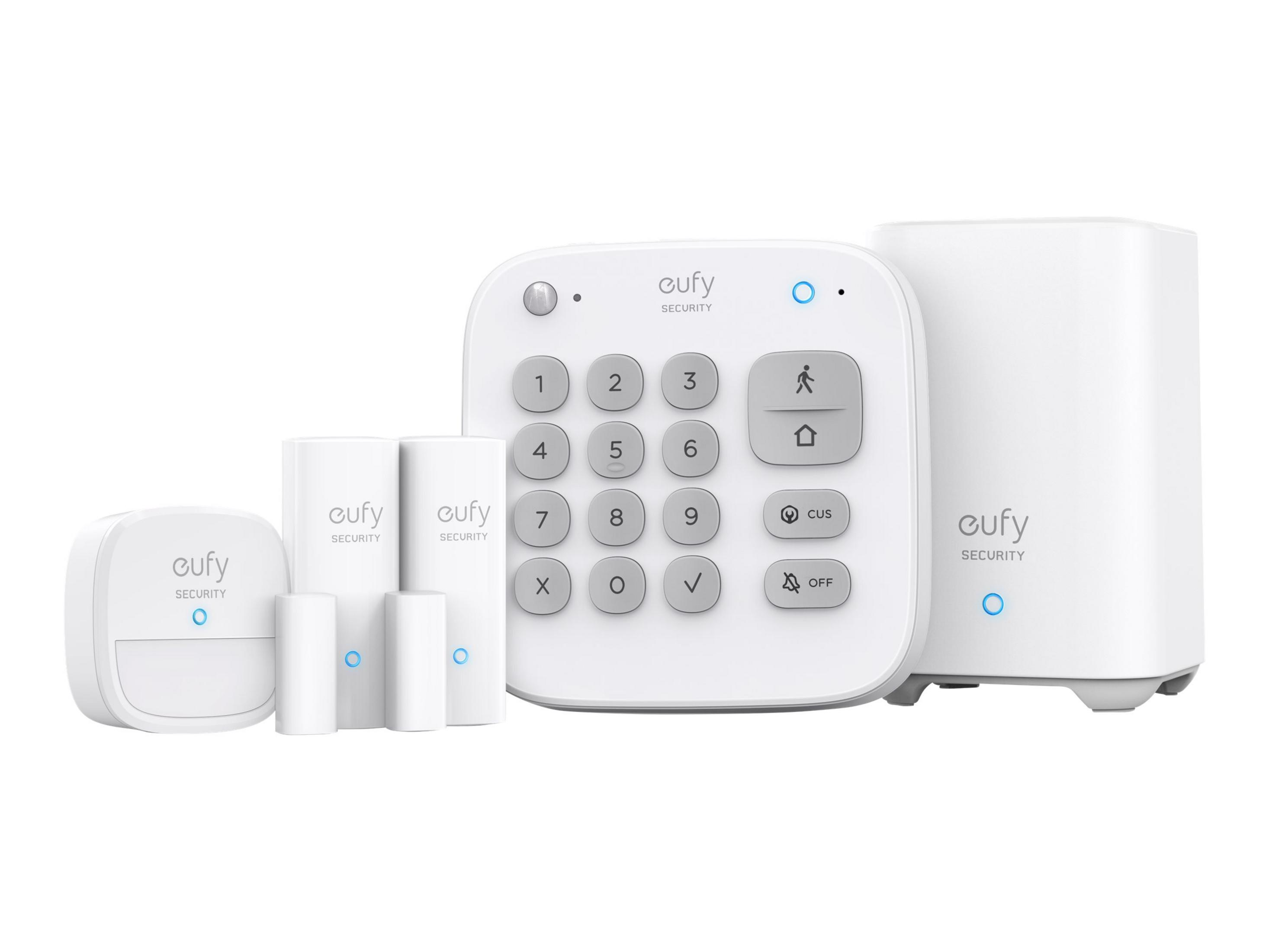 Weiße Eufy Security Geräte: eine Tastatur, ein Sensor und zwei Zylinder.