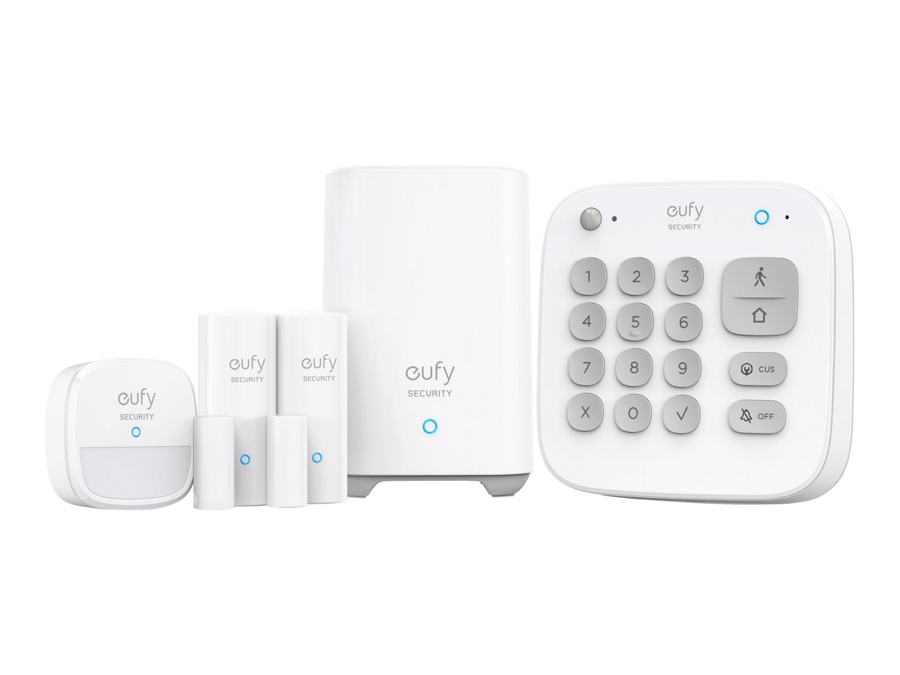 Ein weißes Eufy Sicherheitssystem mit Tastatur, Basisstation und Sensoren.
