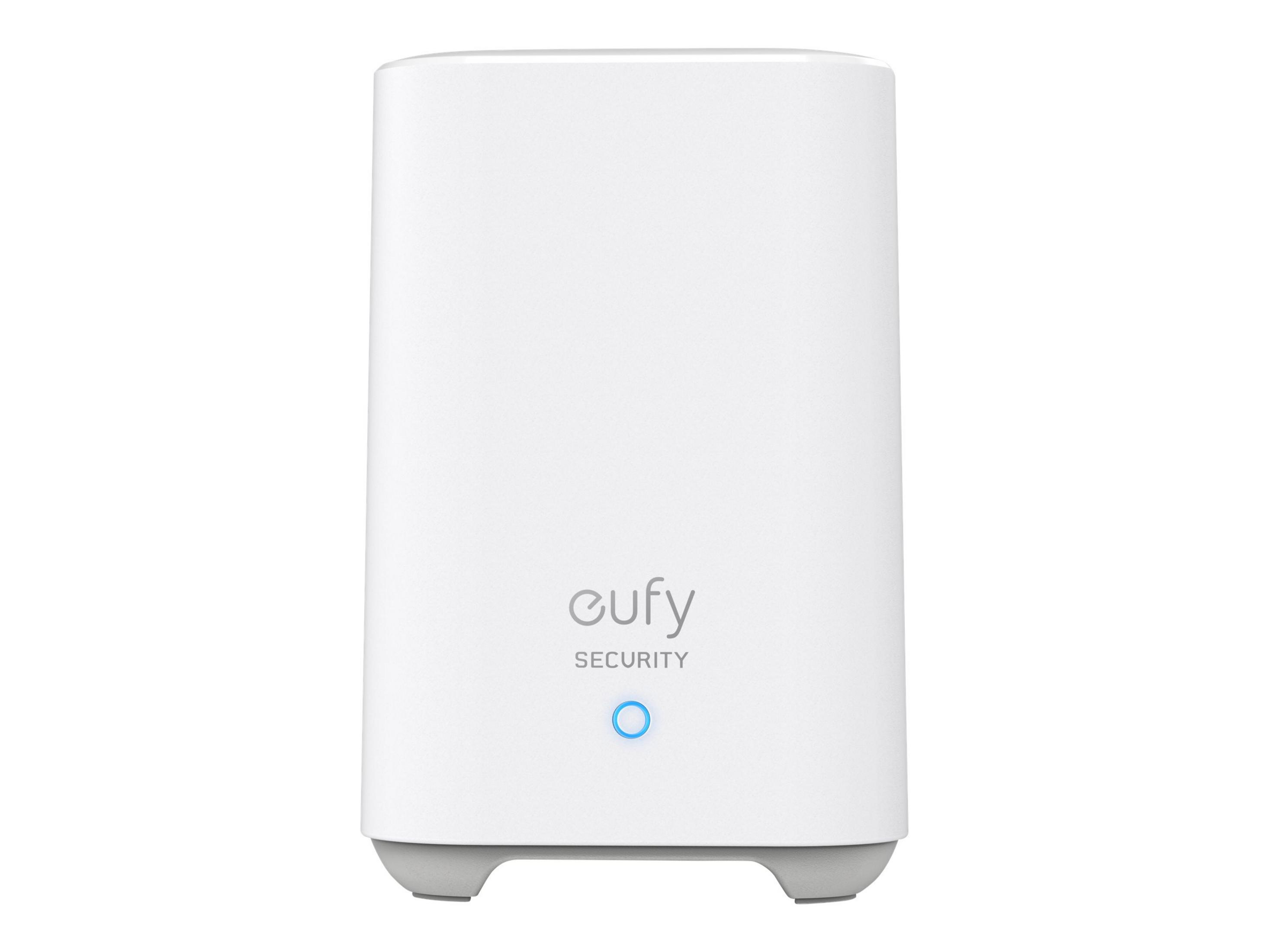Ein weißer Eufy Security Hub mit blauem Licht.