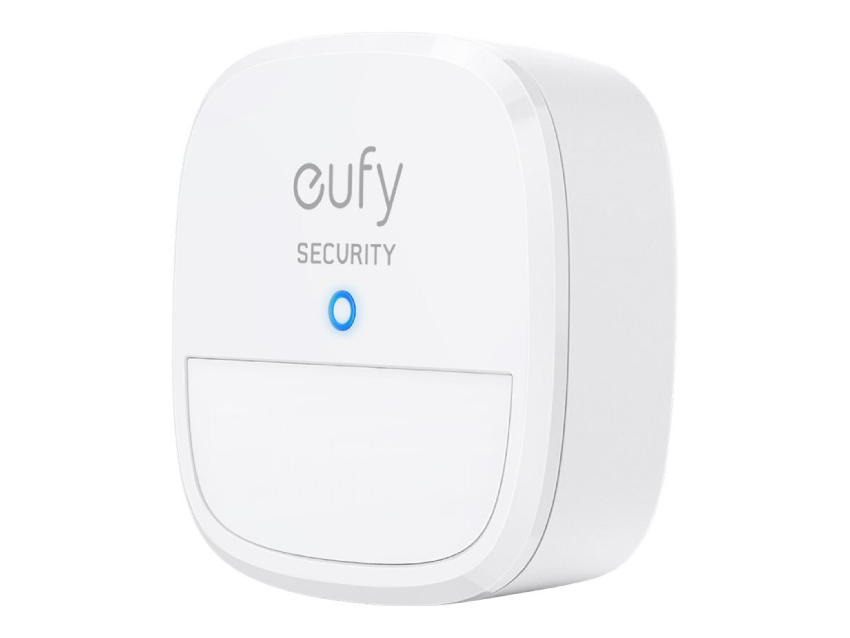 Ein weißer Eufy Security Bewegungsmelder mit blauem Licht.