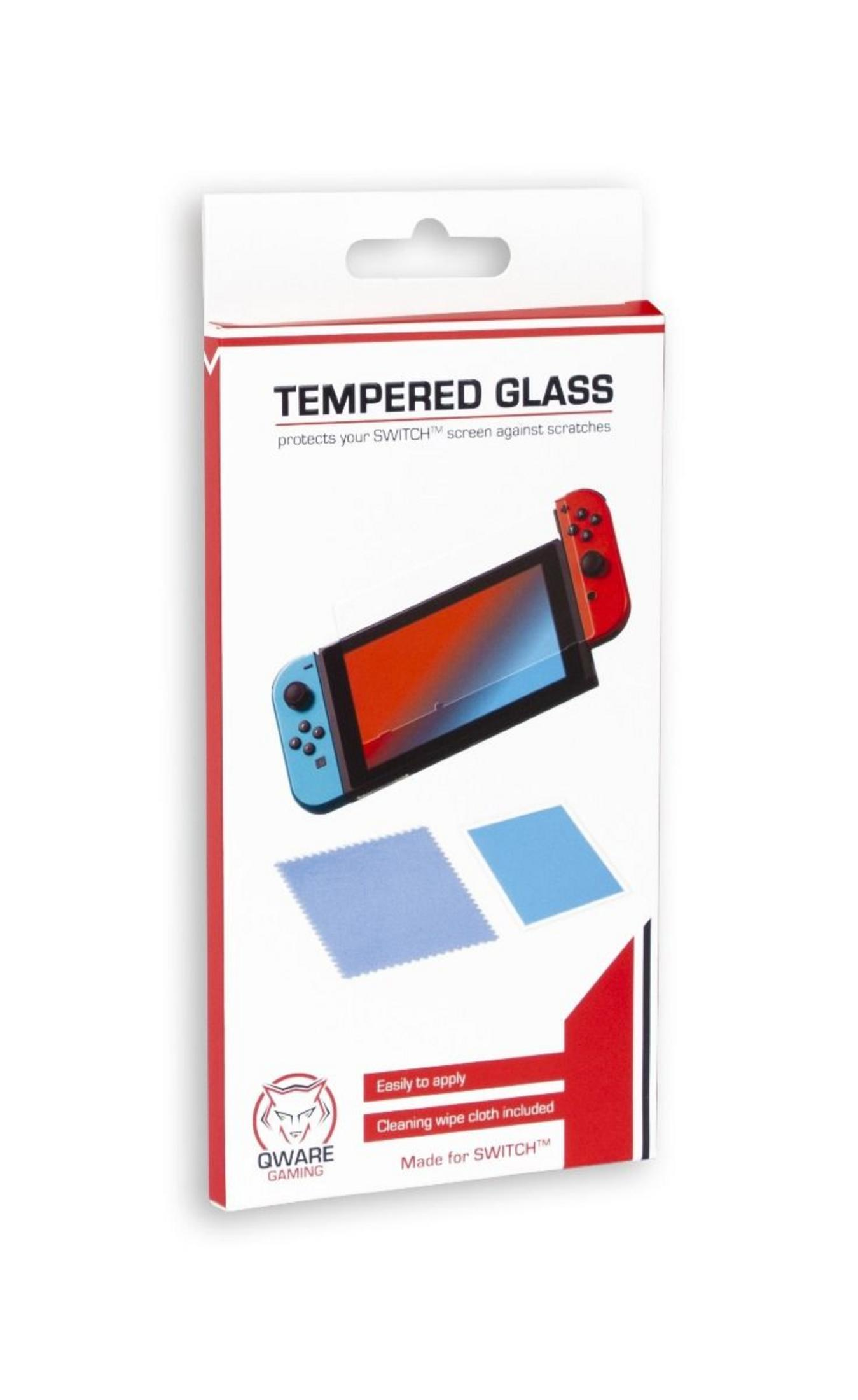 Verpackung für gehärtetes Glas mit einem Nintendo Switch und Wischtüchern.