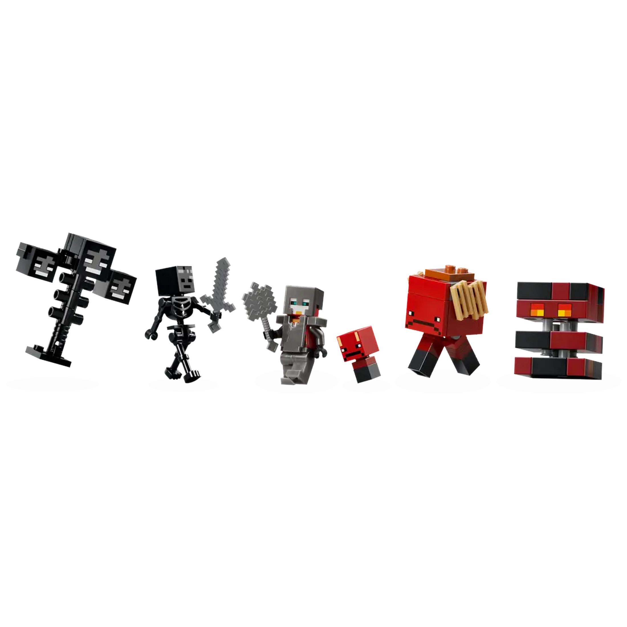 Pięć figurek Minecraft: trzy szkielety, czerwona stwora i ułożona czerwono-czarna stwora.