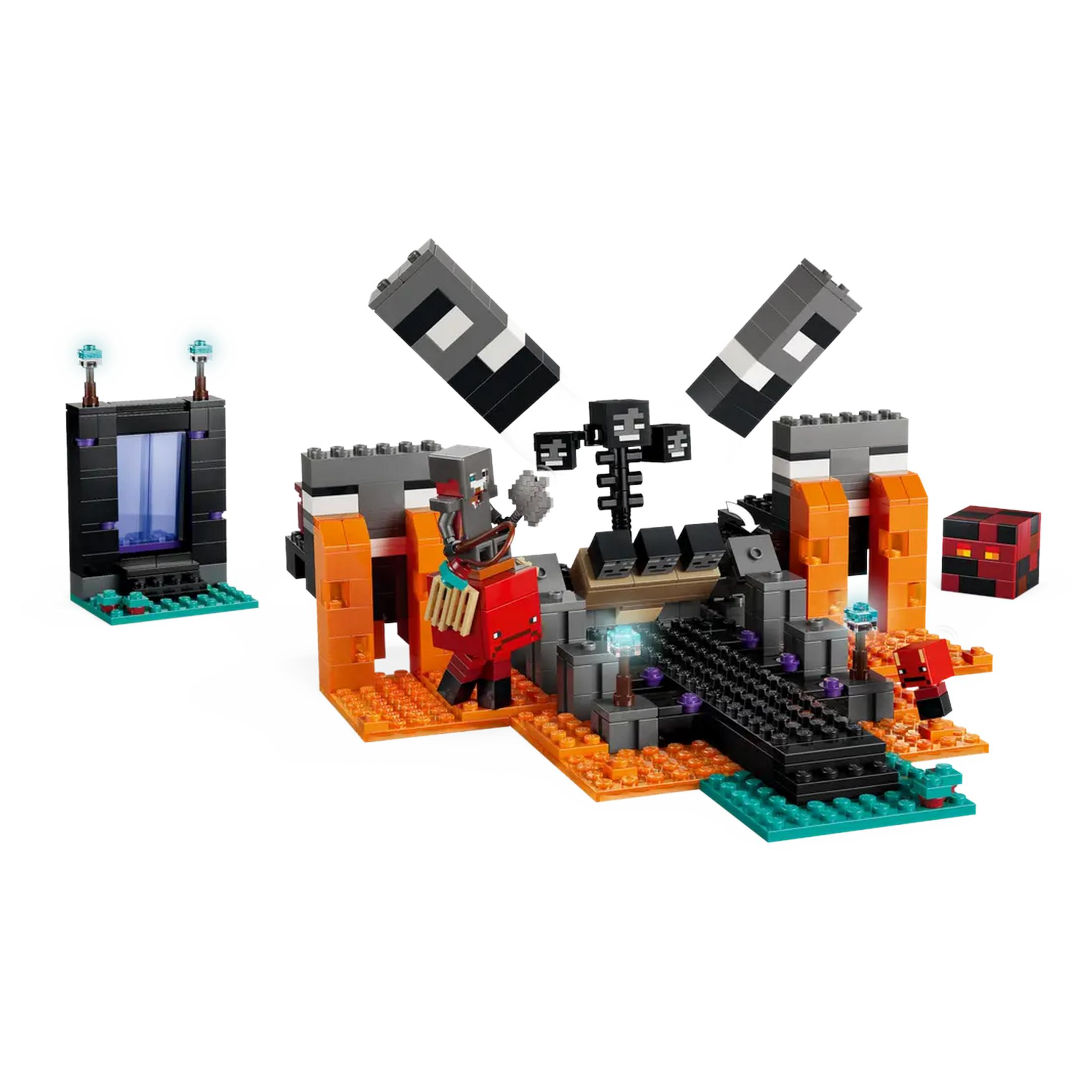 Zestaw Lego z portalem, bossem Wither Skeleton i postaciami na platformach z lawy i kamienia.