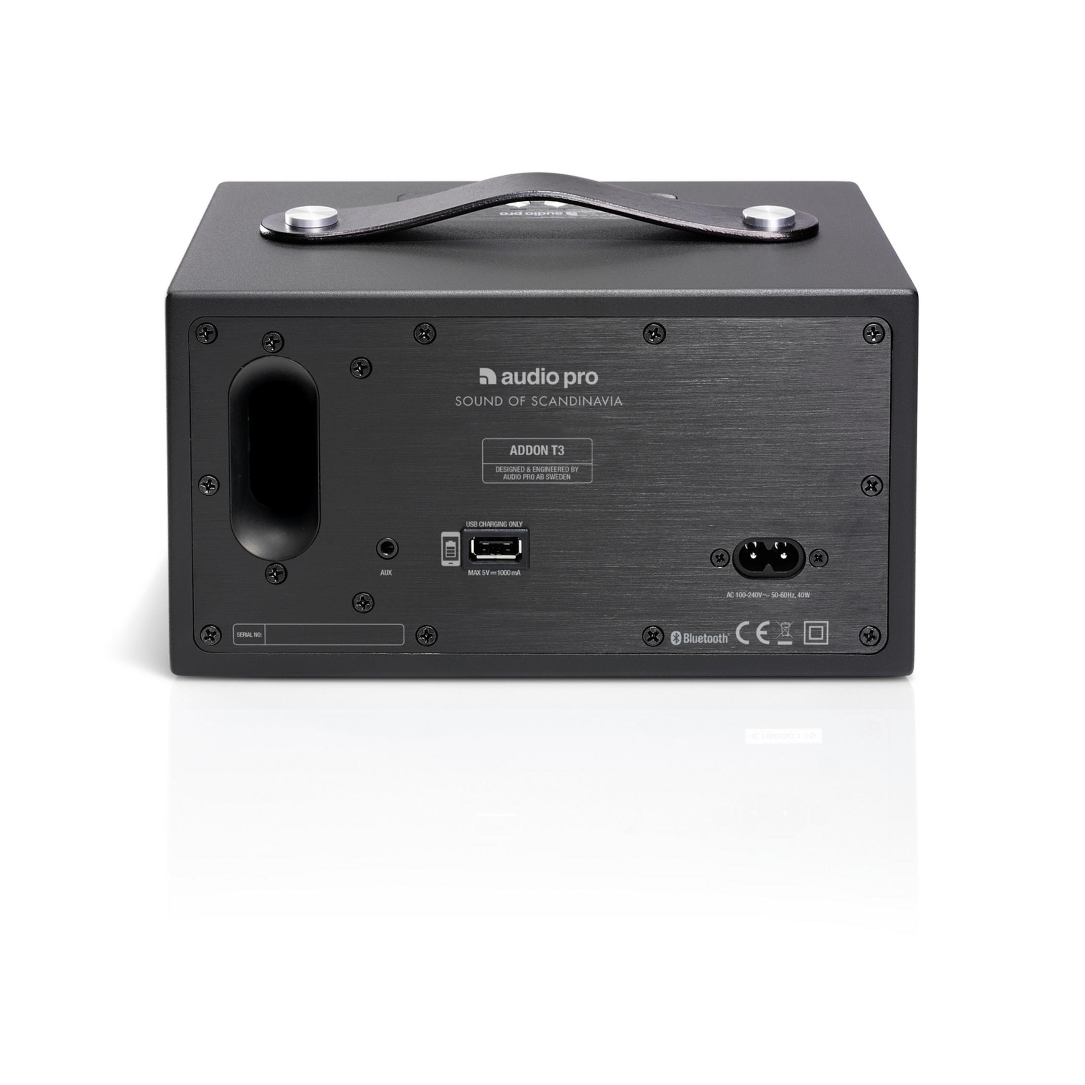 Achterkant van een zwarte Audio Pro luidspreker met poorten, logo en handvat.