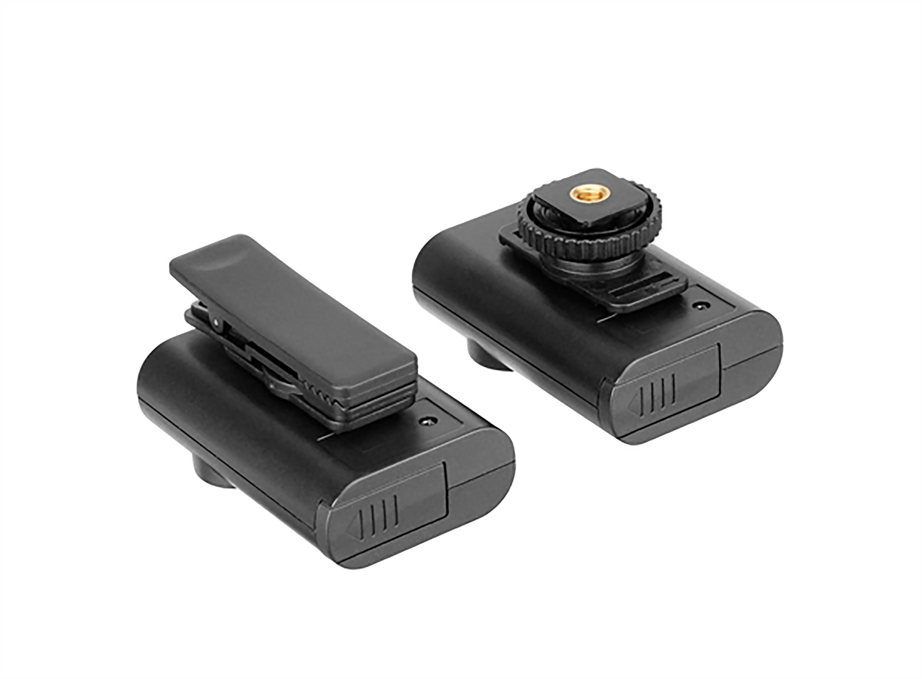 Twee zwarte draadloze ontvangers met clip en hotshoe-mount.