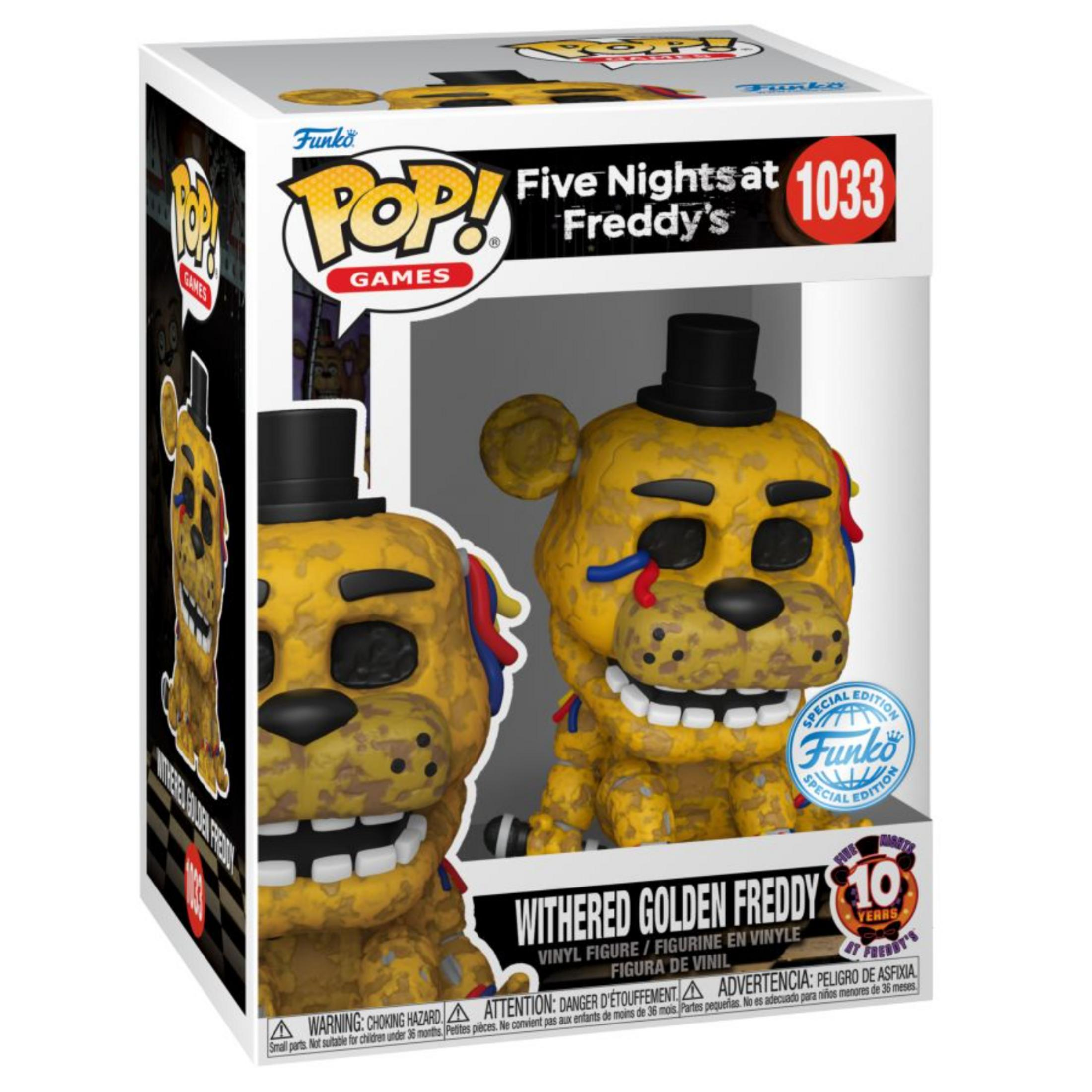 Pudełko Funko Pop z Withered Golden Freddy z Five Nights at Freddy's, numer 1033.
