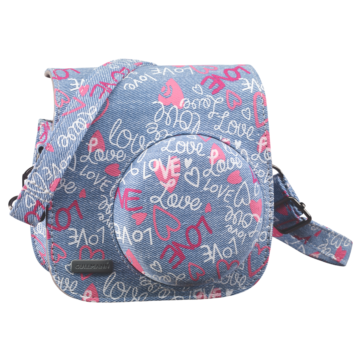 Eine blaue Kameratasche mit rosa und weißen Herzen und dem Wort "Liebe".
